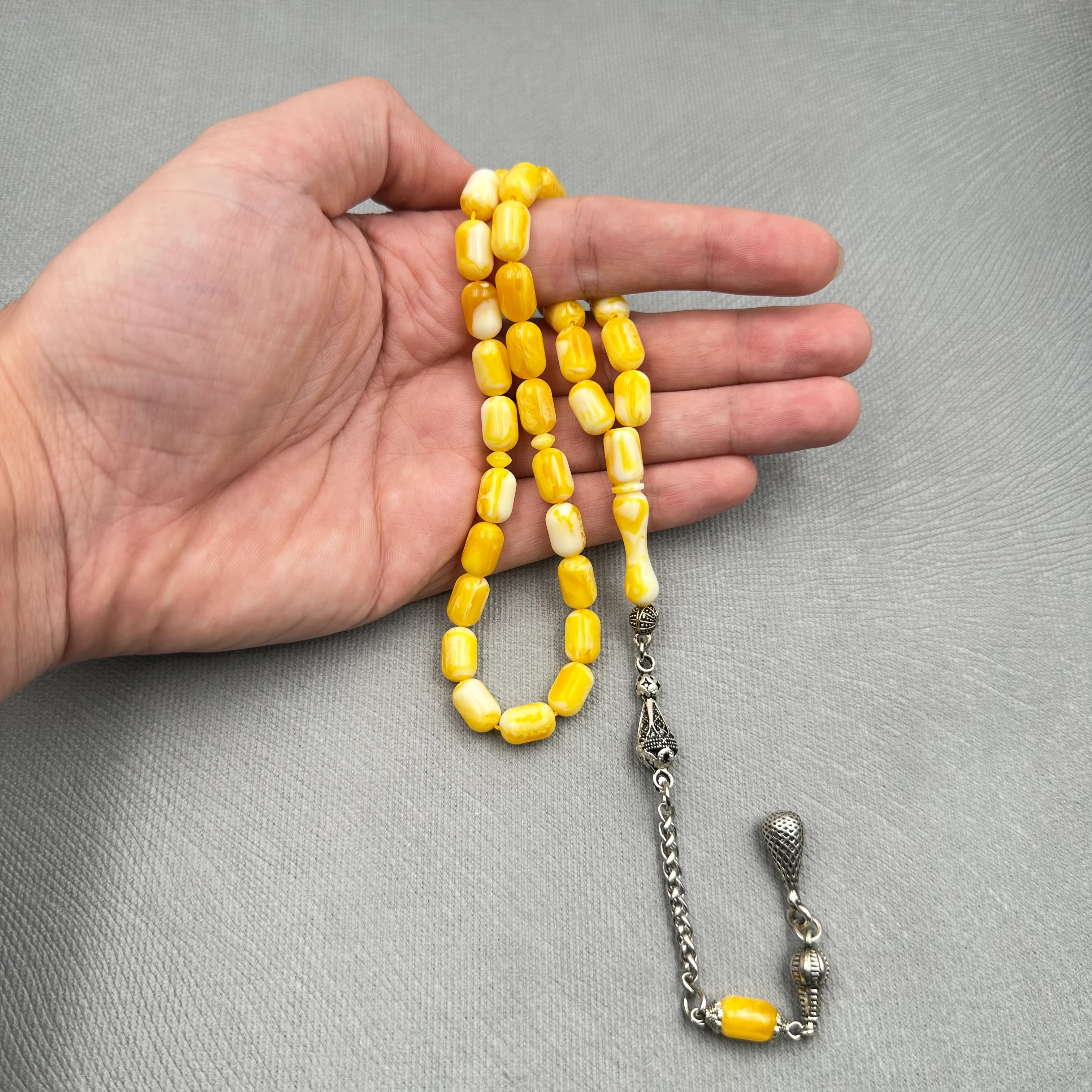 Beyrut Damla Sarı ve Beyaz Hareli Kehribar Usta Yapımı Tespih