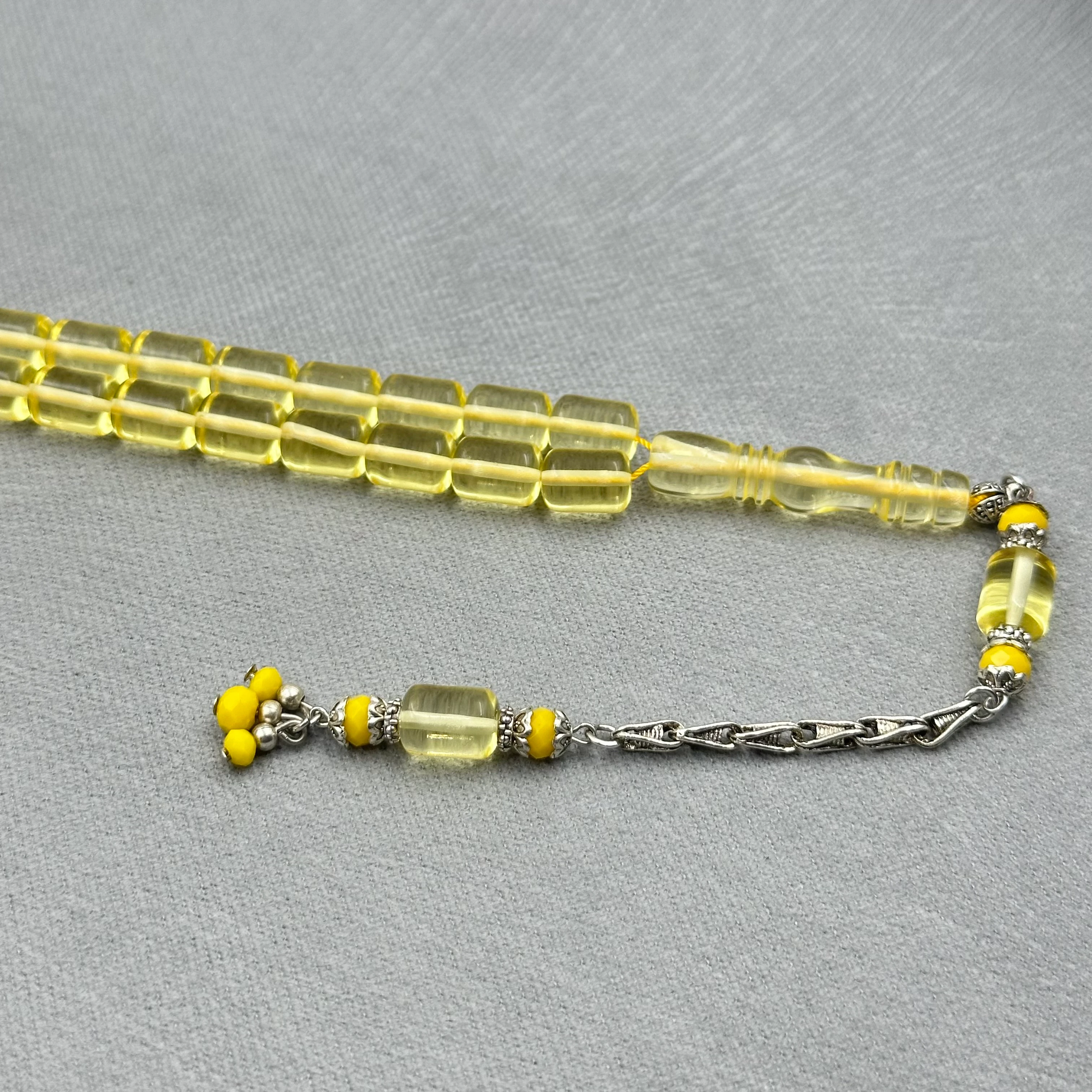 Kral Püsküllü Şeffaf Sarı Ateş Kehribar Tespih