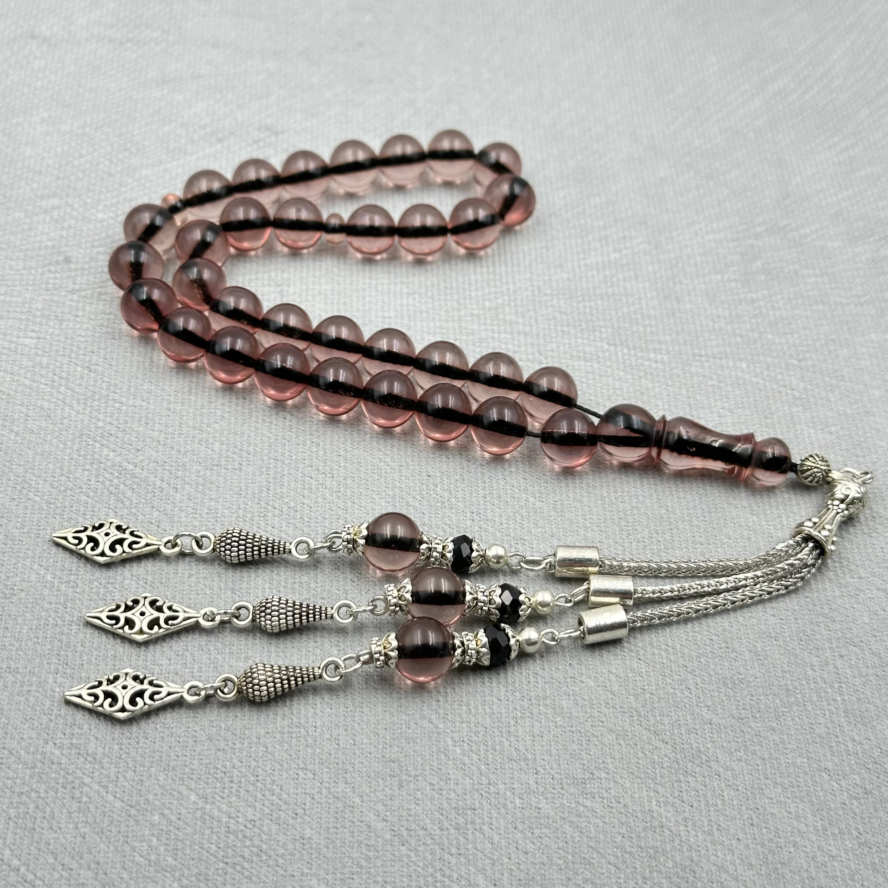 Dumanlı Gül Kurusu Şeffaf Üçlü Alpaka Püsküllü Ateş Kehribar