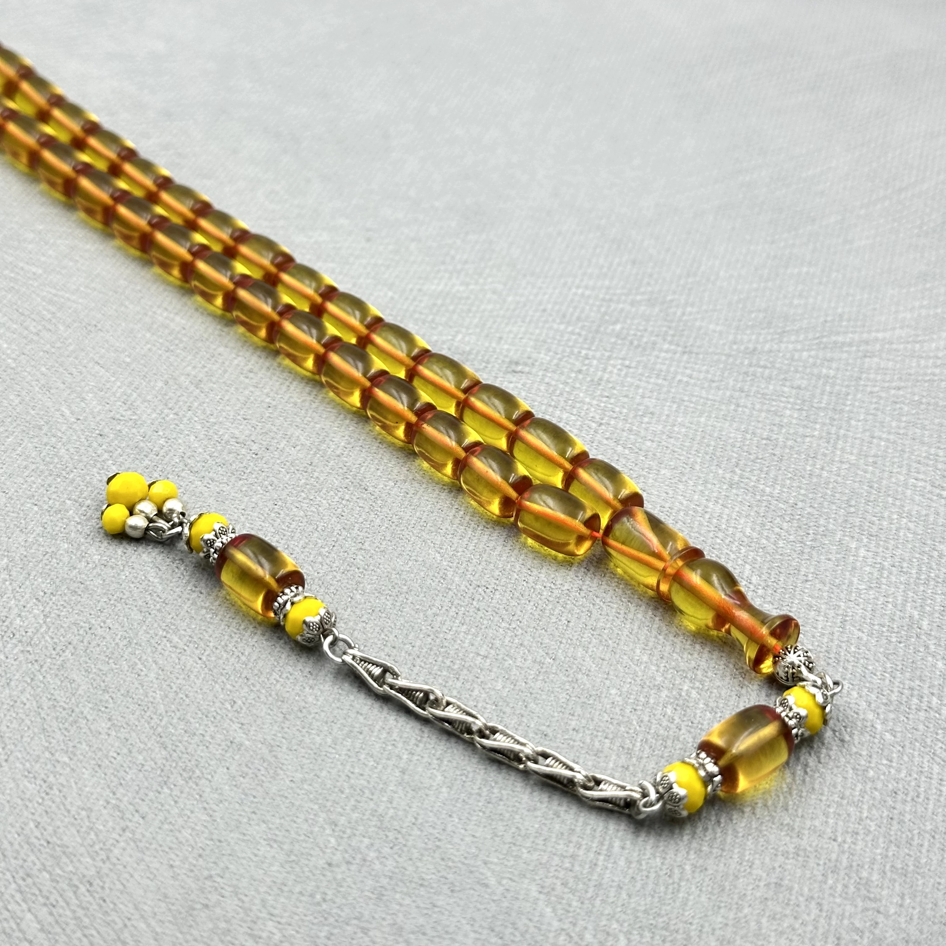 Şeffaf Limon Rengi Aksesuar Boncuklu Kral Püsküllü Ateş Kehribar Tespih