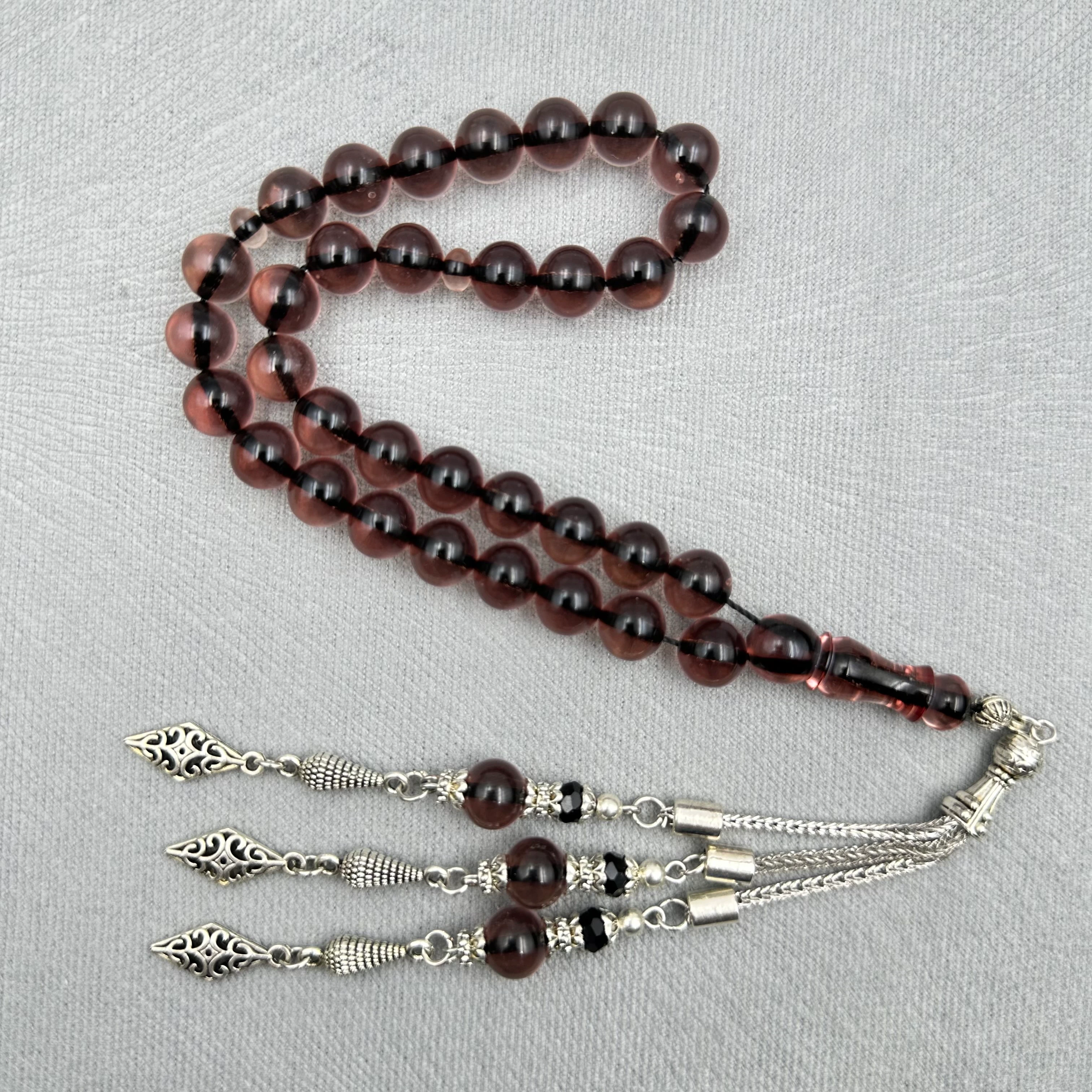 Dumanlı Gül Kurusu Şeffaf Üçlü Alpaka Püsküllü Ateş Kehribar