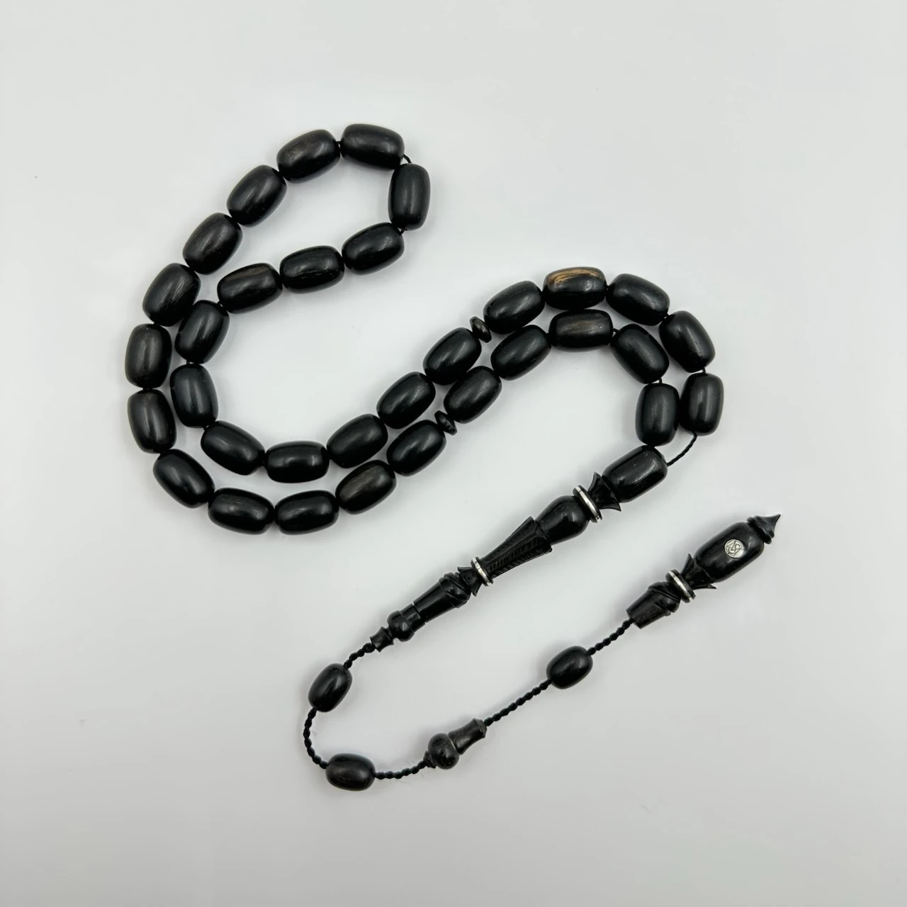 Özel Nakkaş Oymalı Gümüş İşlemeli Abanoz Ağacı Tespih