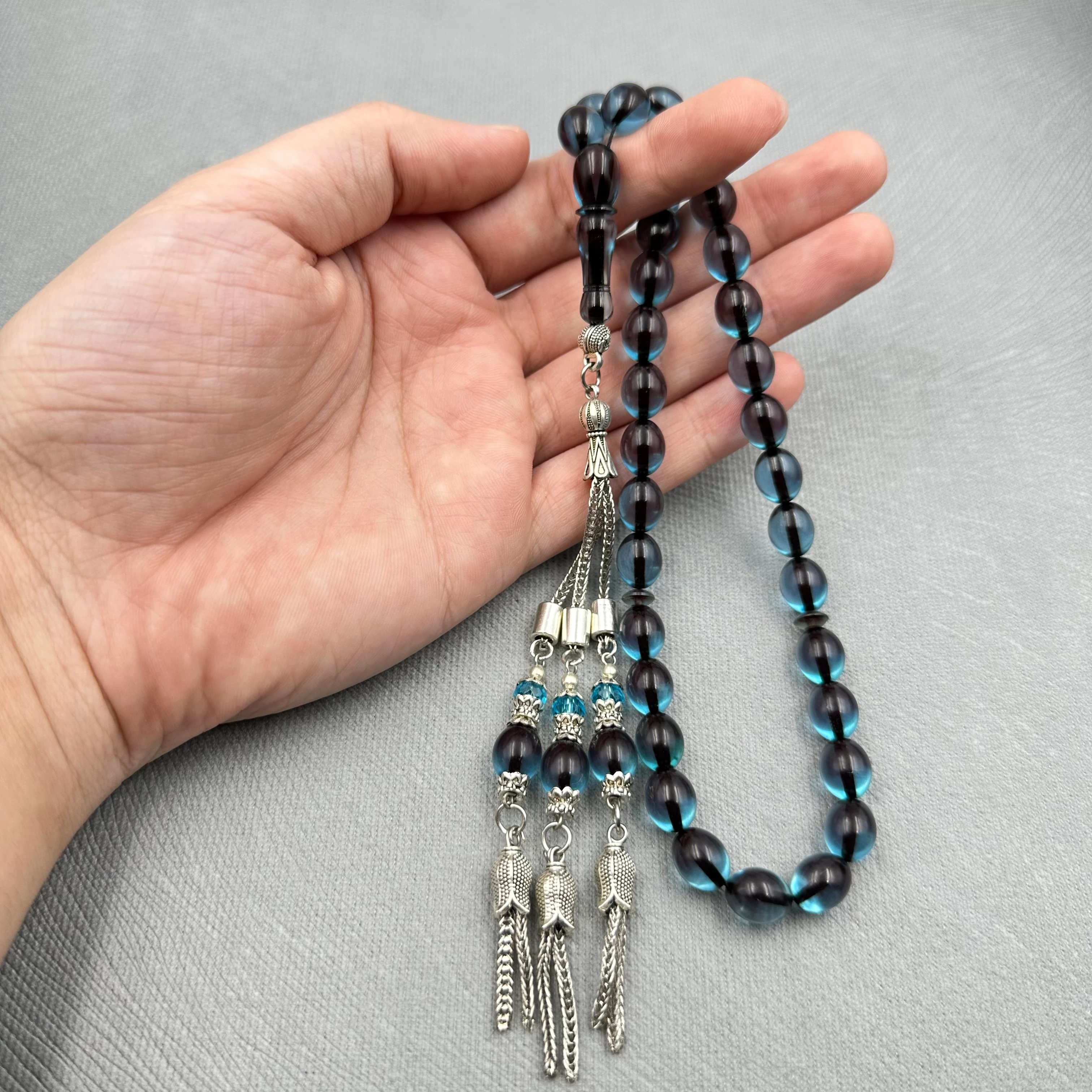 Lacivert Camgöbeği Yumurta Kesim Üçlü Alpaka Püsküllü Ateş Kehribar Tespih  