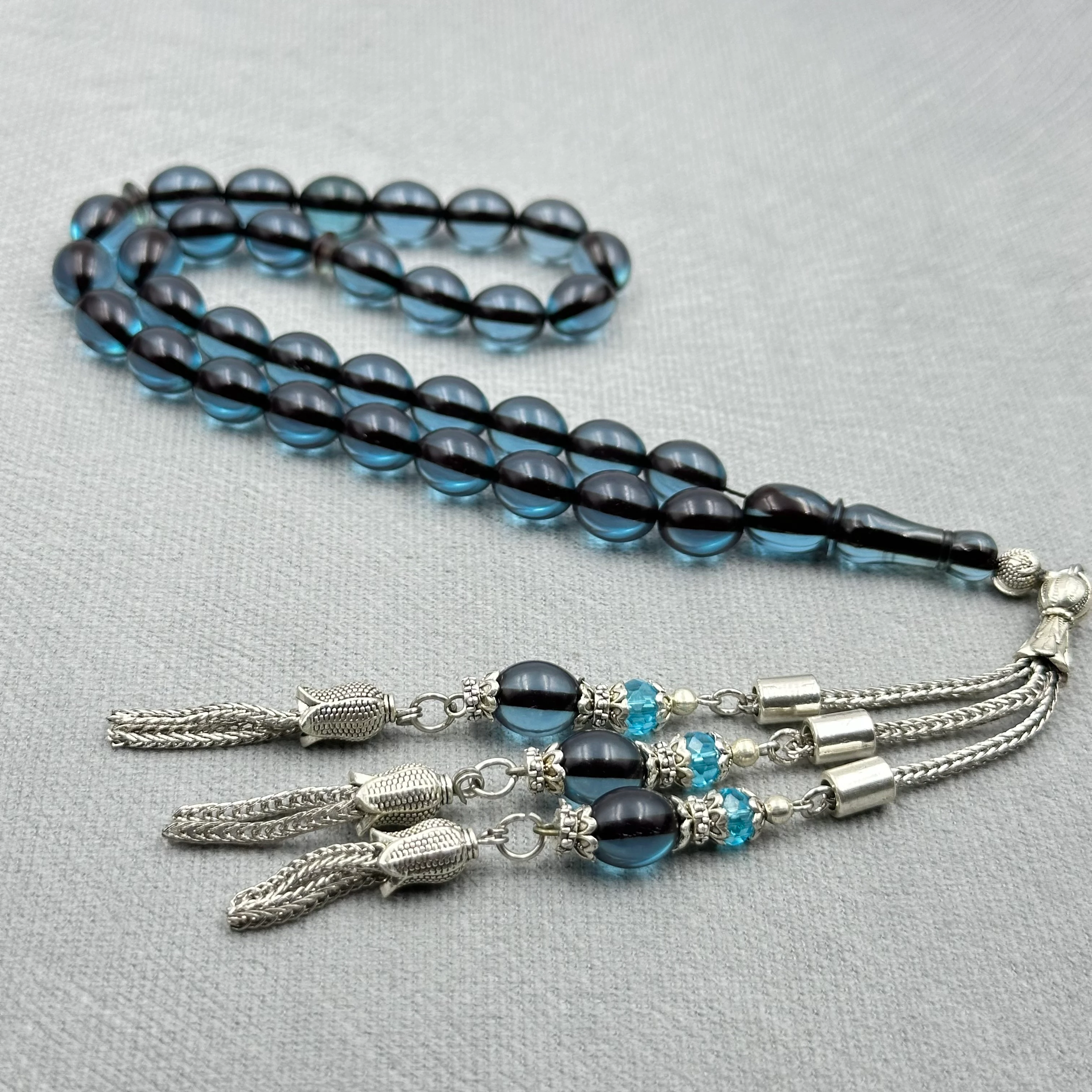 Lacivert Camgöbeği Yumurta Kesim Üçlü Alpaka Püsküllü Ateş Kehribar Tespih  