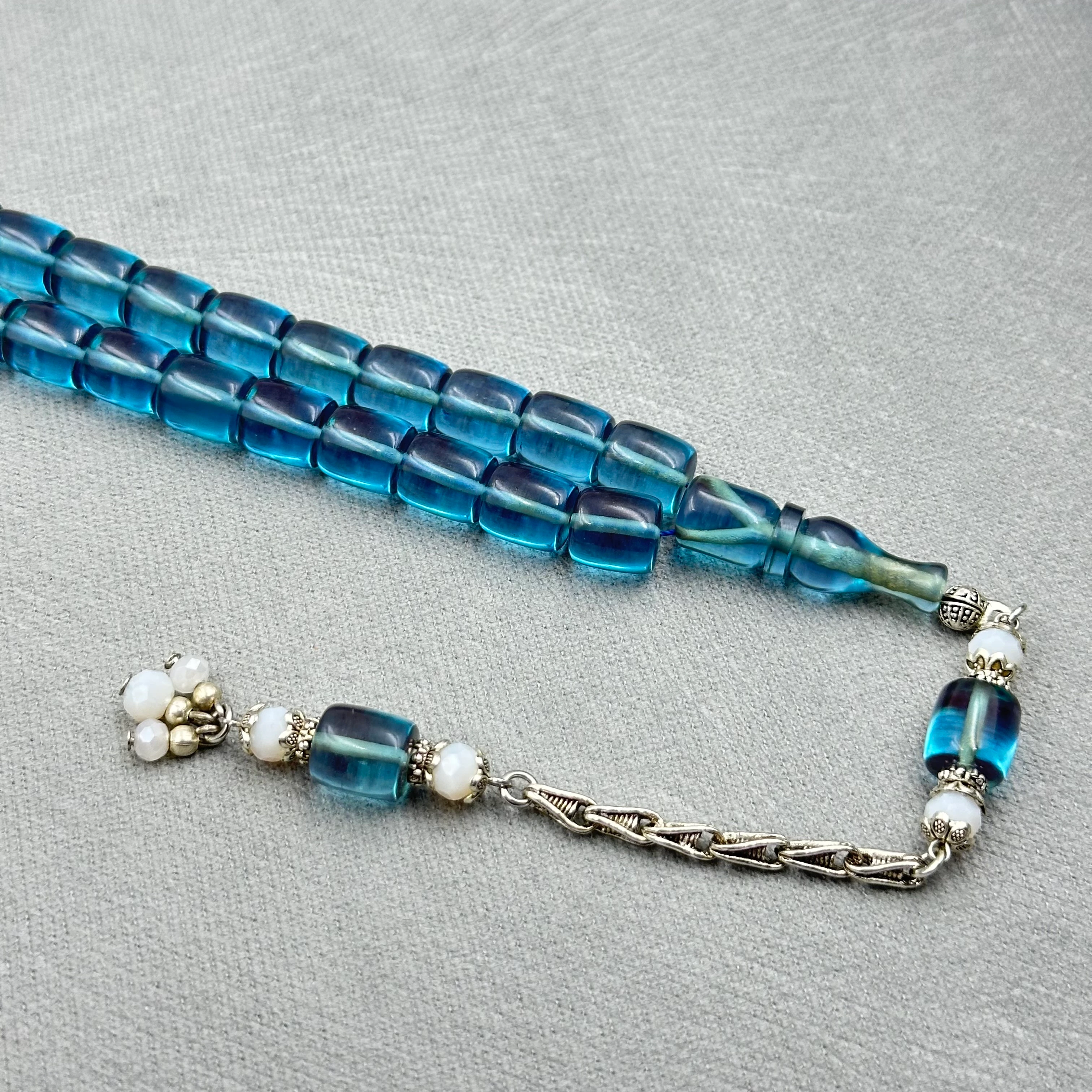 Şeffaf Mavi Aksesuar Boncuklu Kral Püsküllü Ateş Kehribar Tespih