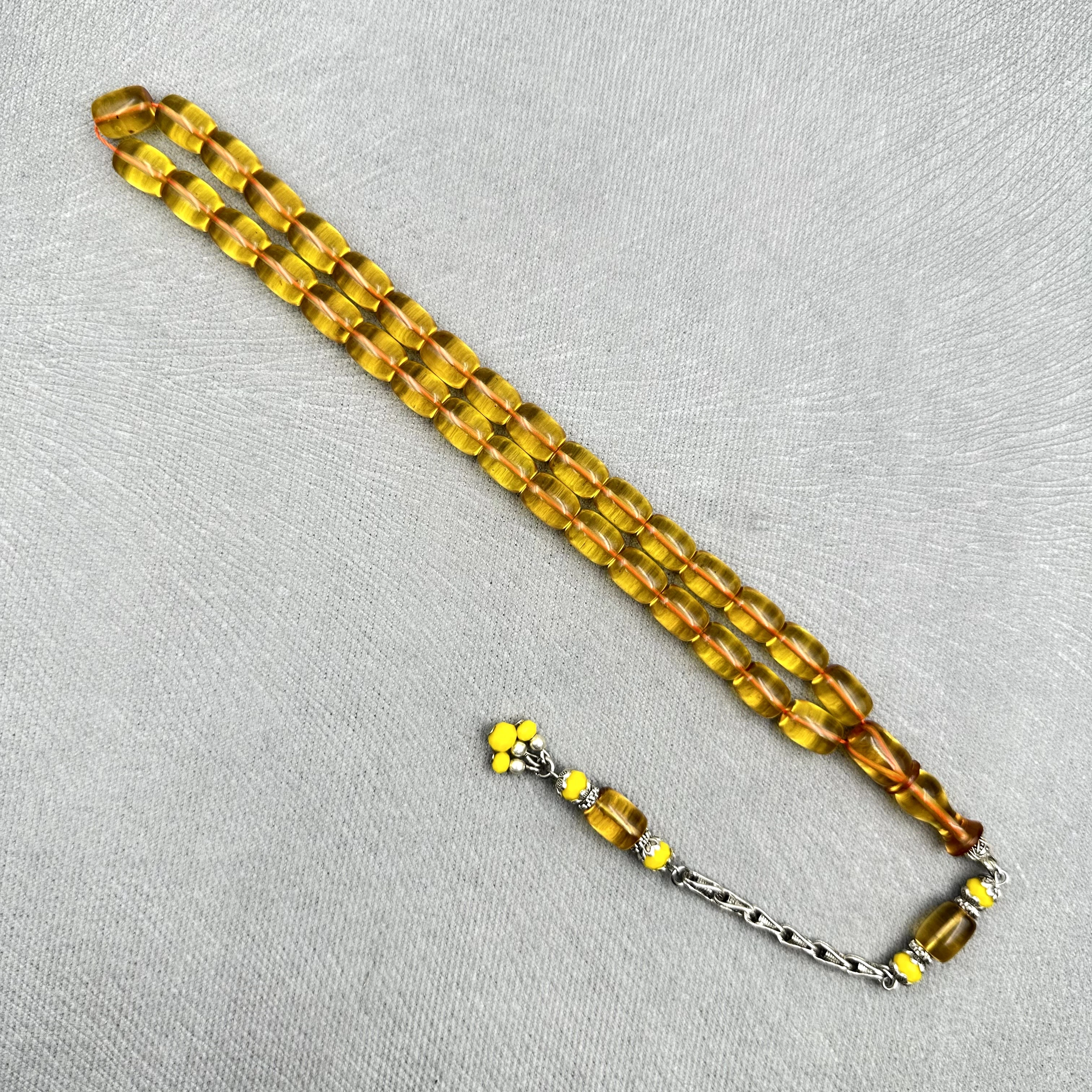 Şeffaf Limon Rengi Aksesuar Boncuklu Kral Püsküllü Ateş Kehribar Tespih