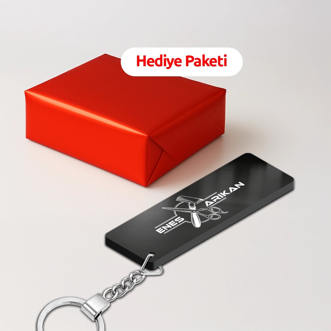 Kişiye Özel Berber Kuaför Desenli İsimli Pleksi Anahtarlık