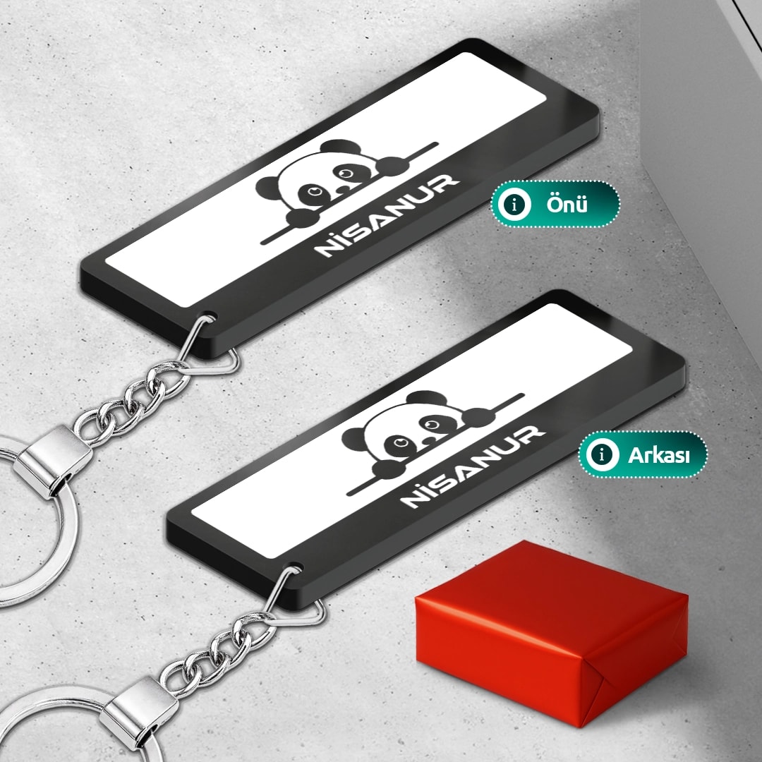 Kişiye Özel İsimli Pleksi Panda Desenli Anahtarlık