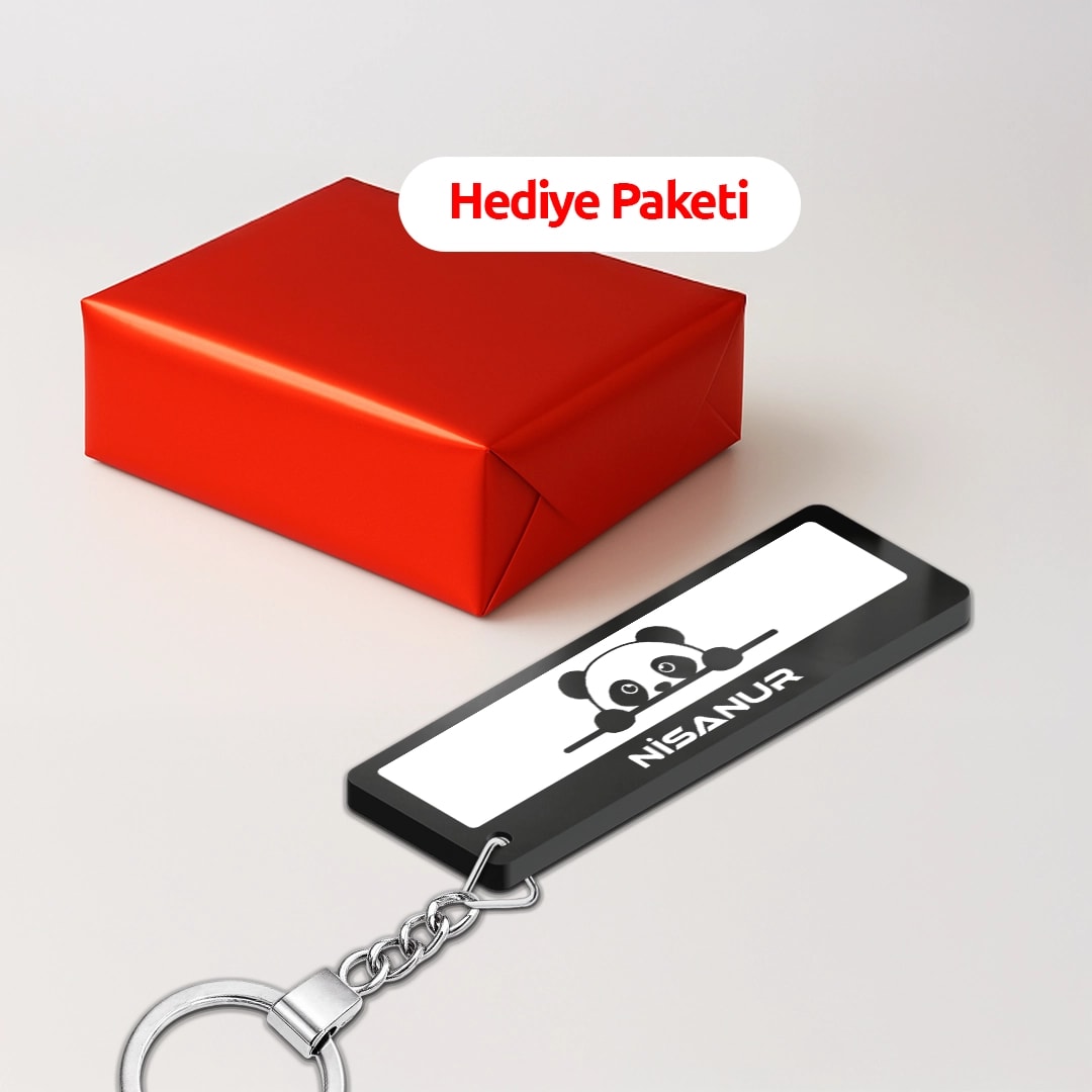 Kişiye Özel İsimli Pleksi Panda Desenli Anahtarlık