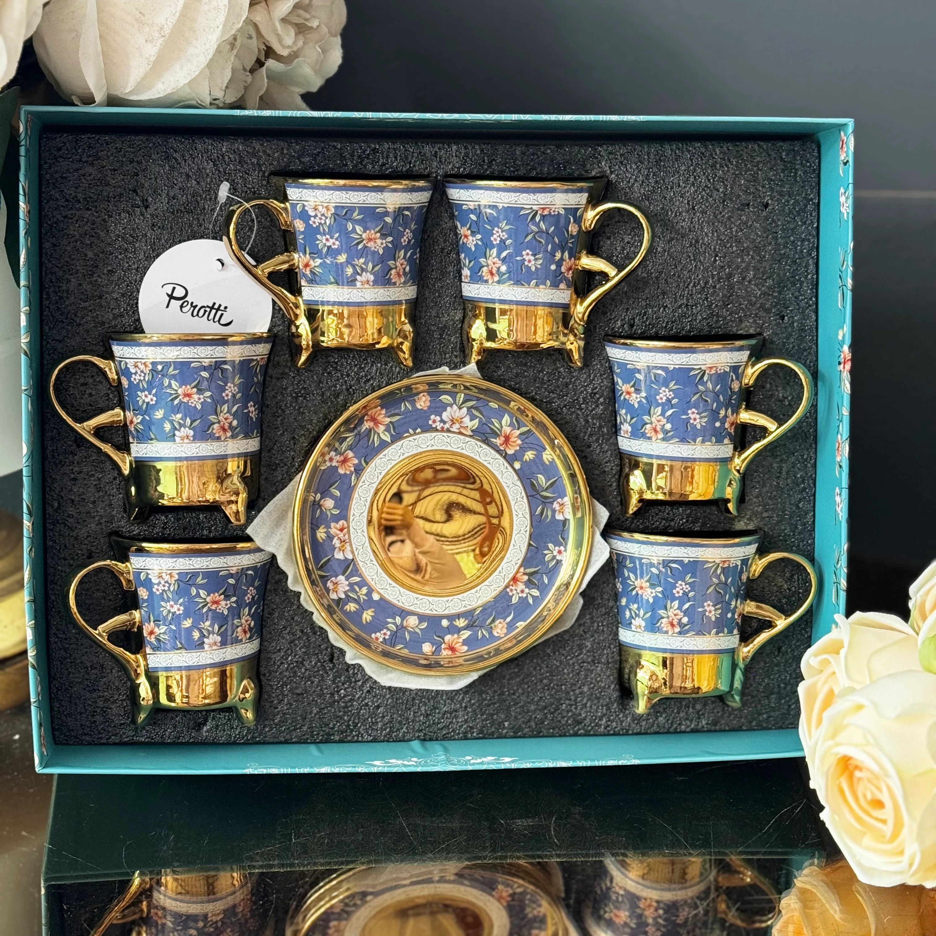 Tasarım Denim Çiçekler Fincan Takımı