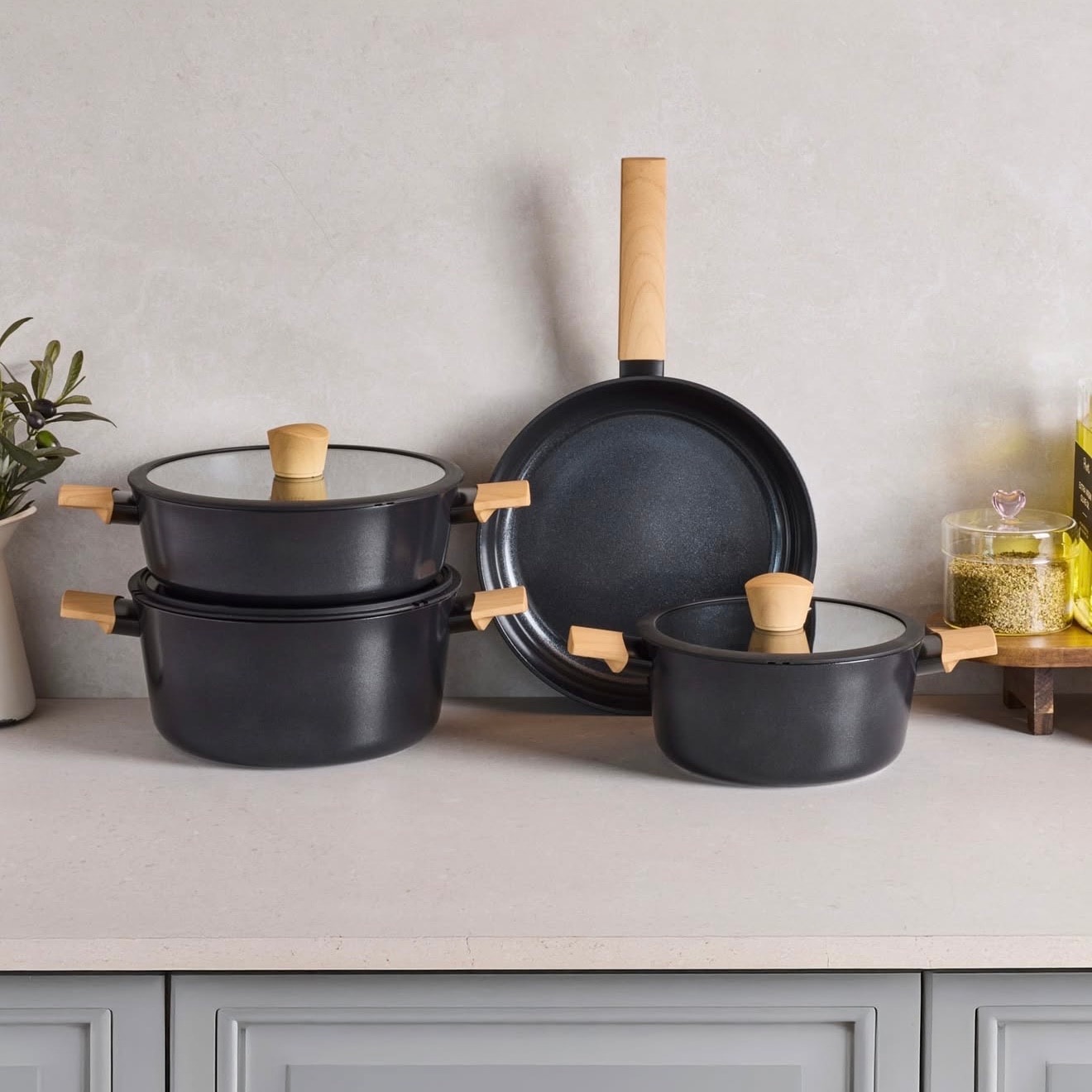 Cookwood Gri Beige 9 Parça Tencere Tava Seti Indüksiyon Tabanlı Ahşap Saplı 