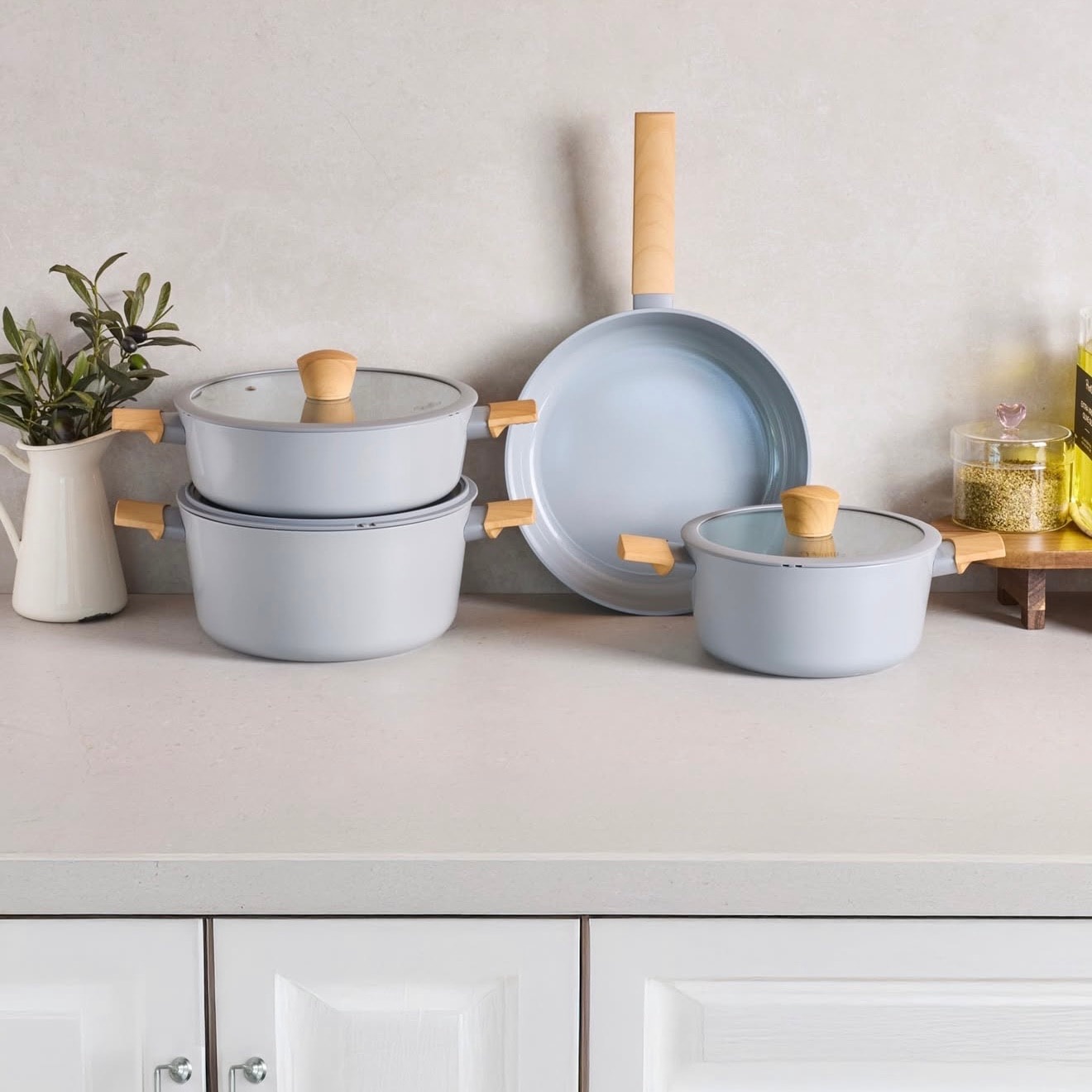 Cookwood Gri Beige 9 Parça Tencere Tava Seti Indüksiyon Tabanlı Ahşap Saplı 