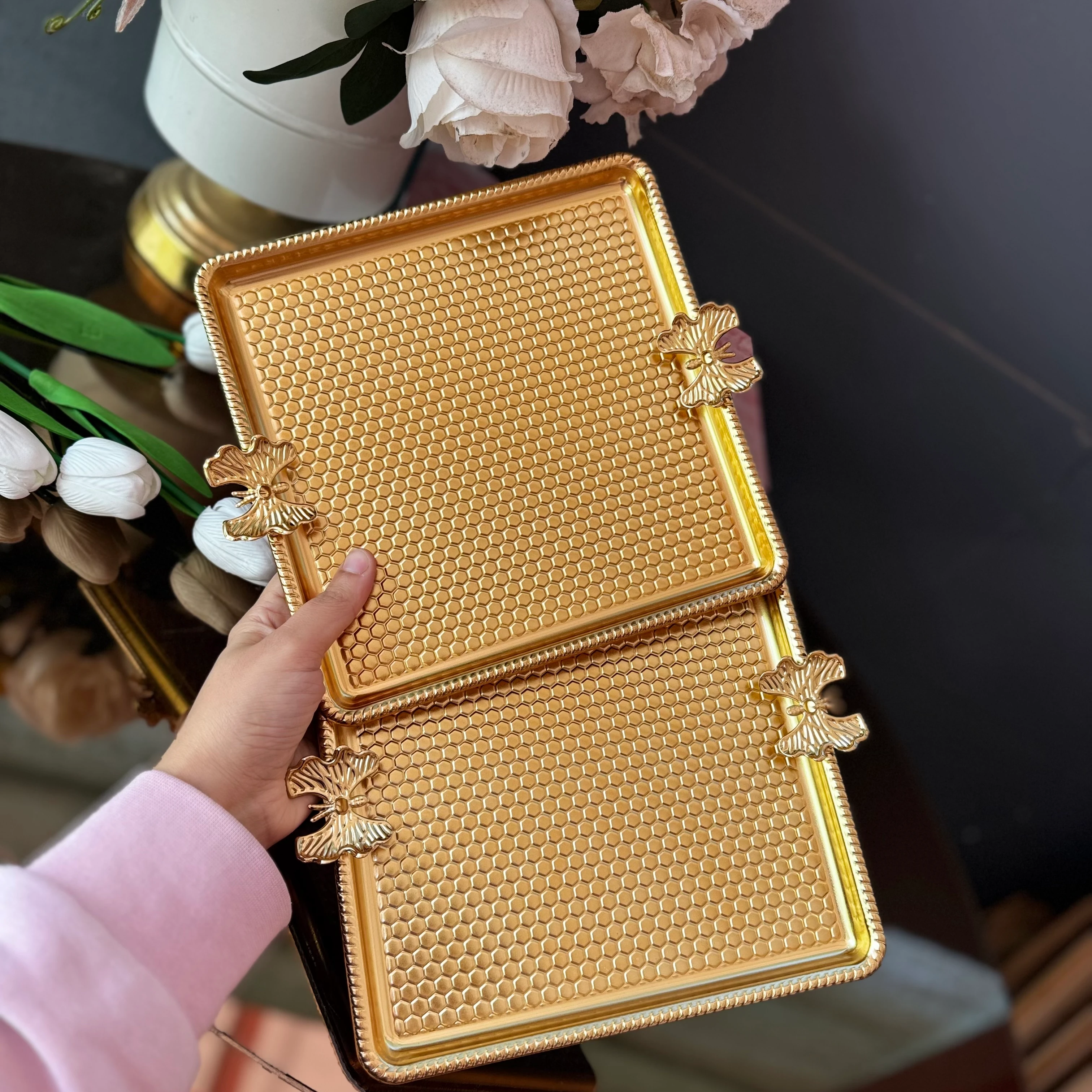 Gold Kelebekli Kare Tepsi