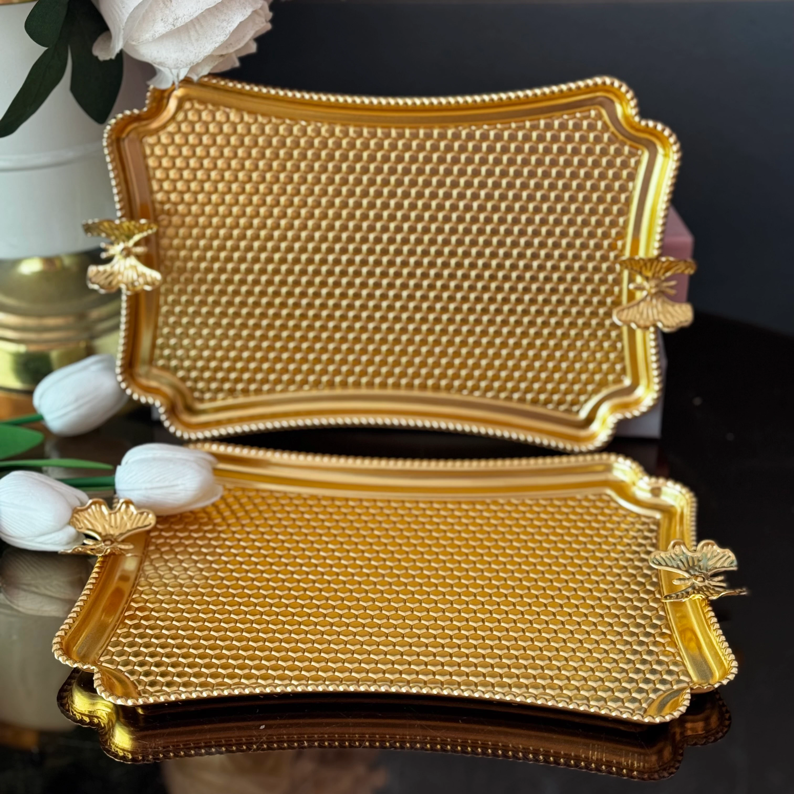 Gold Dikdörtgen Kelebekli Tepsi 