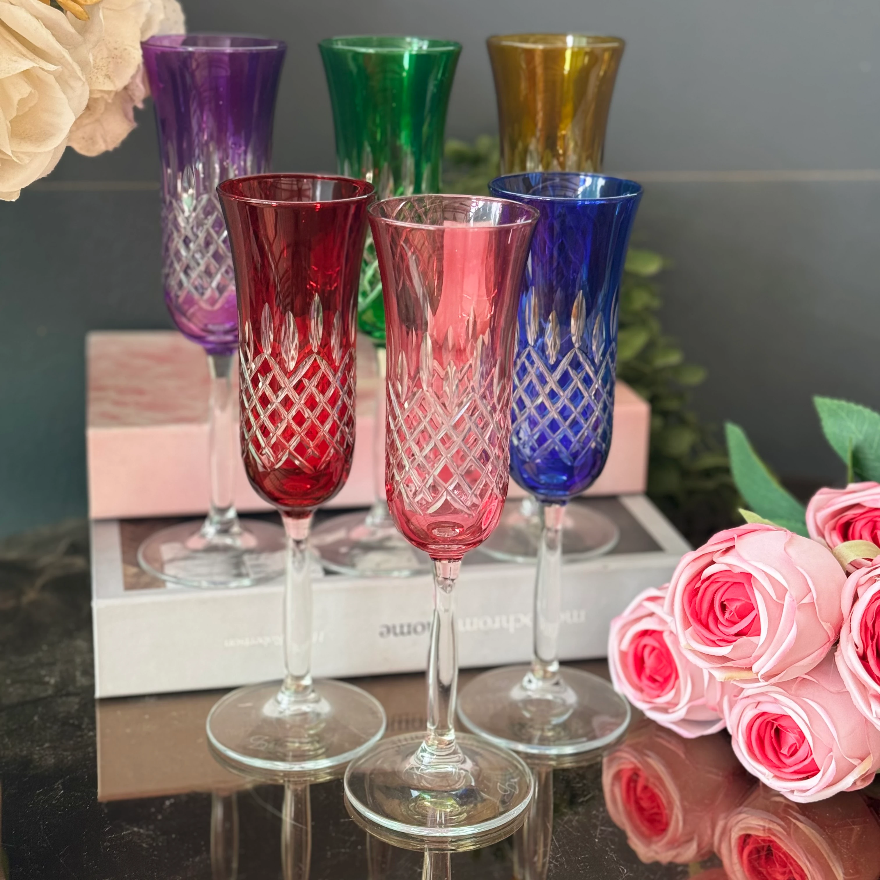 kristal renkli ayaklı kadeh 