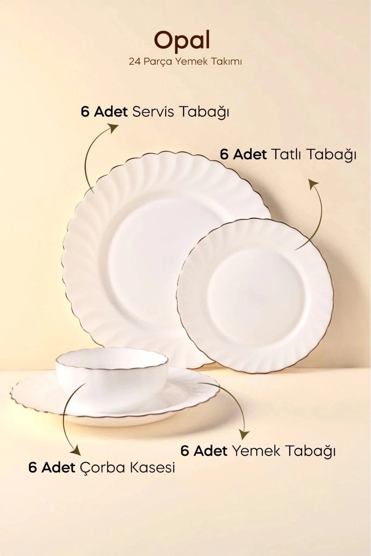 Waves Opal 24 Parça 6 Kişilik Yaldızlı Yemek Takımı