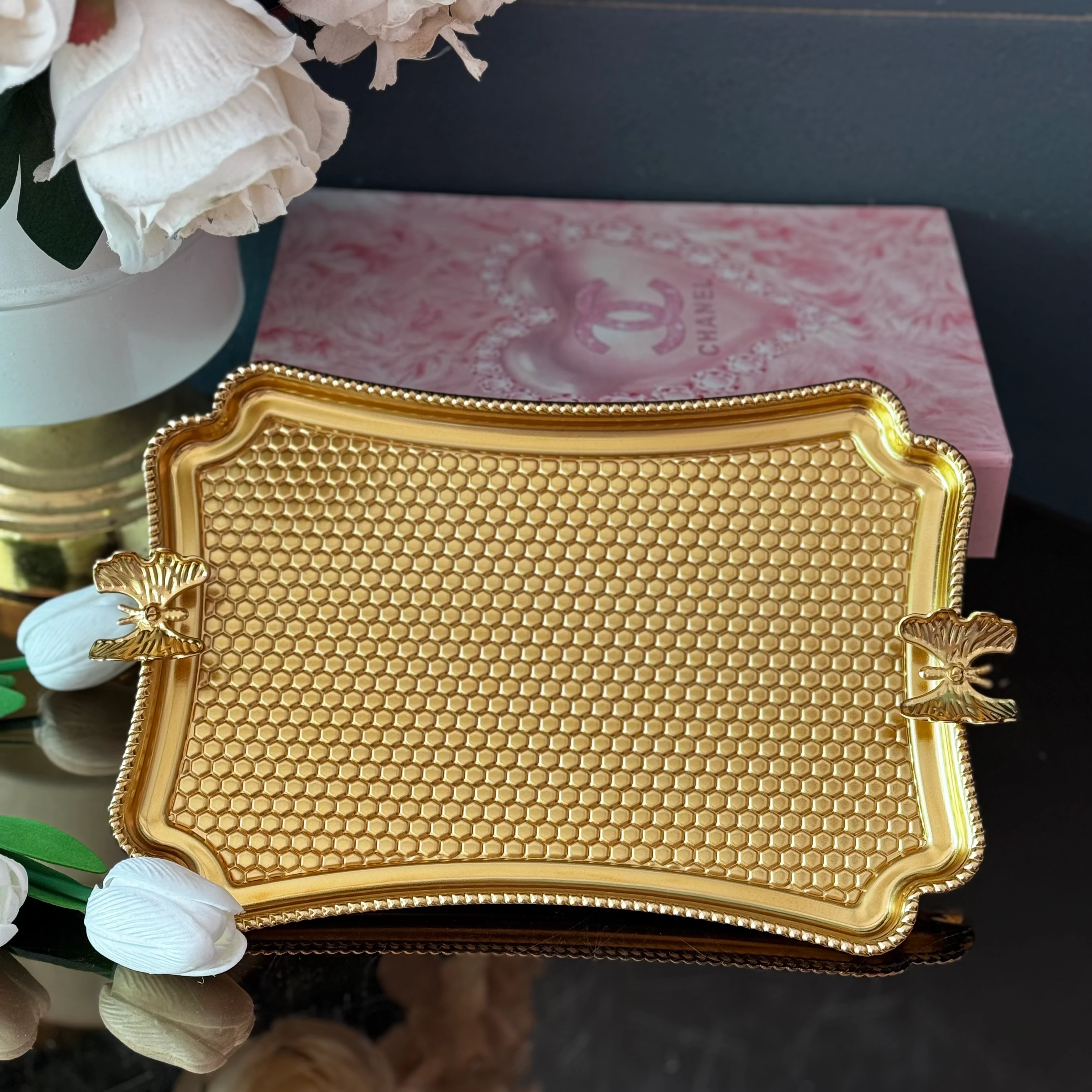 Gold Dikdörtgen Kelebekli Tepsi 