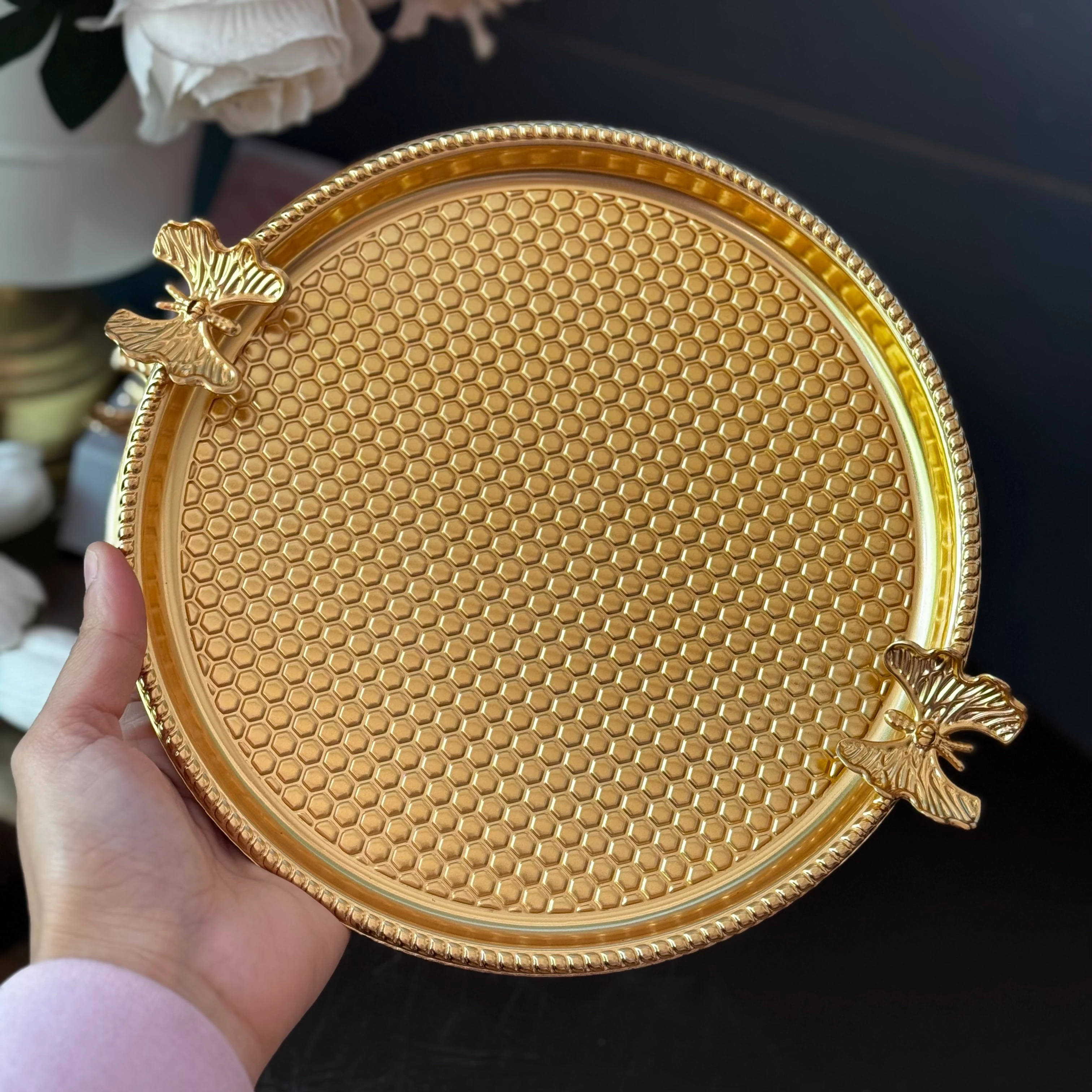 Gold Kelebekli Yuvarlak Tepsi