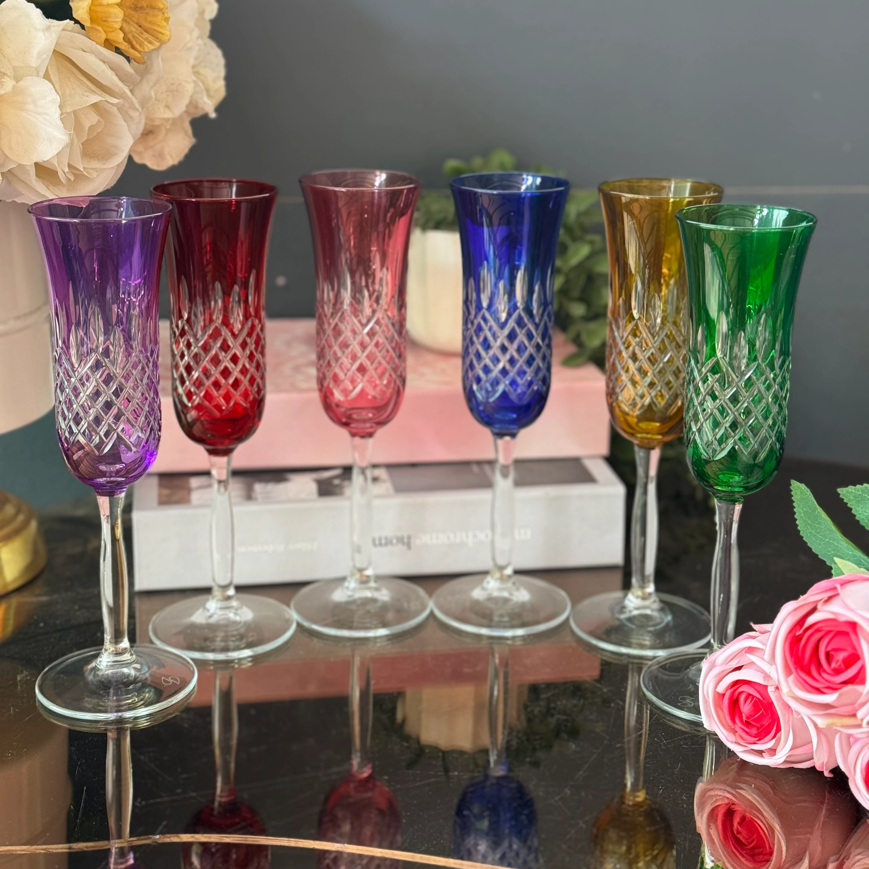 kristal renkli ayaklı kadeh 