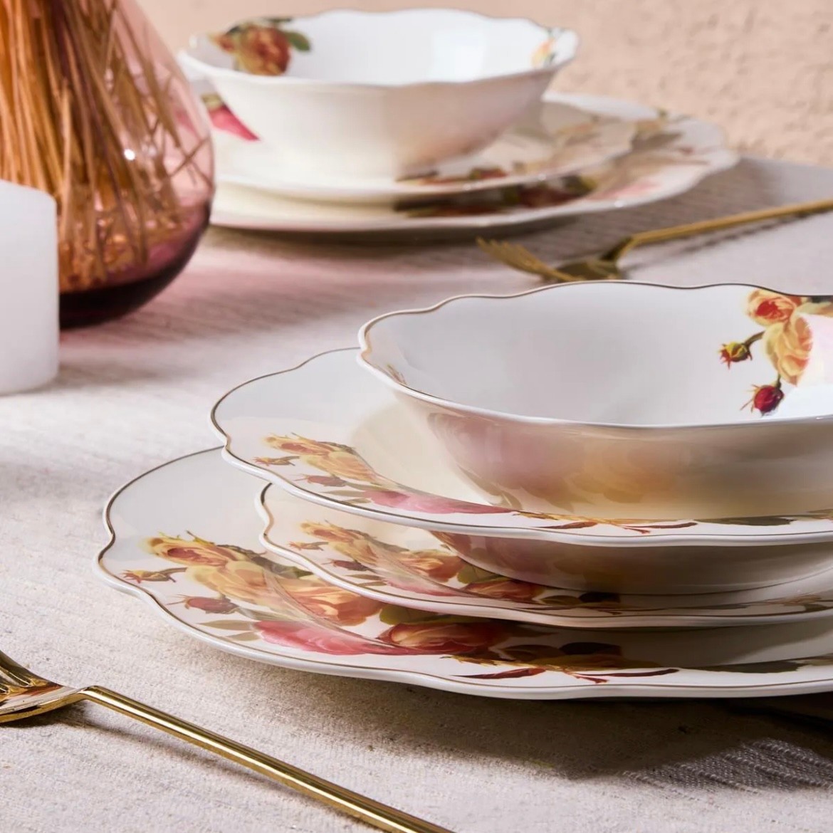 Porselen Rose Garden Bone 24 Parça 6 Kişilik Yemek Takımı