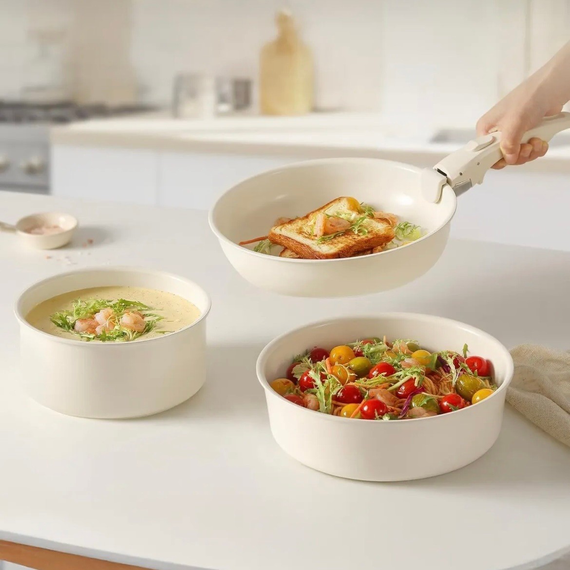 Cookpro Beige 15 Parça Ayrilabilen Sapli Iç Içe Geçebilen Indüksiyonlu Seramik Kaplama