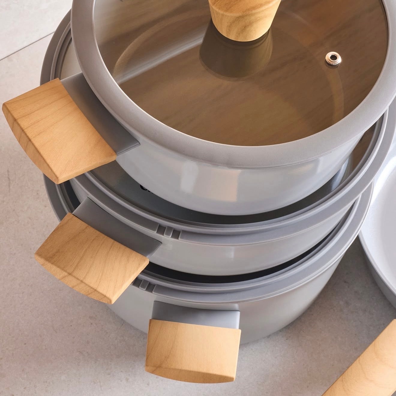 Cookwood Gri Beige 9 Parça Tencere Tava Seti Indüksiyon Tabanlı Ahşap Saplı 