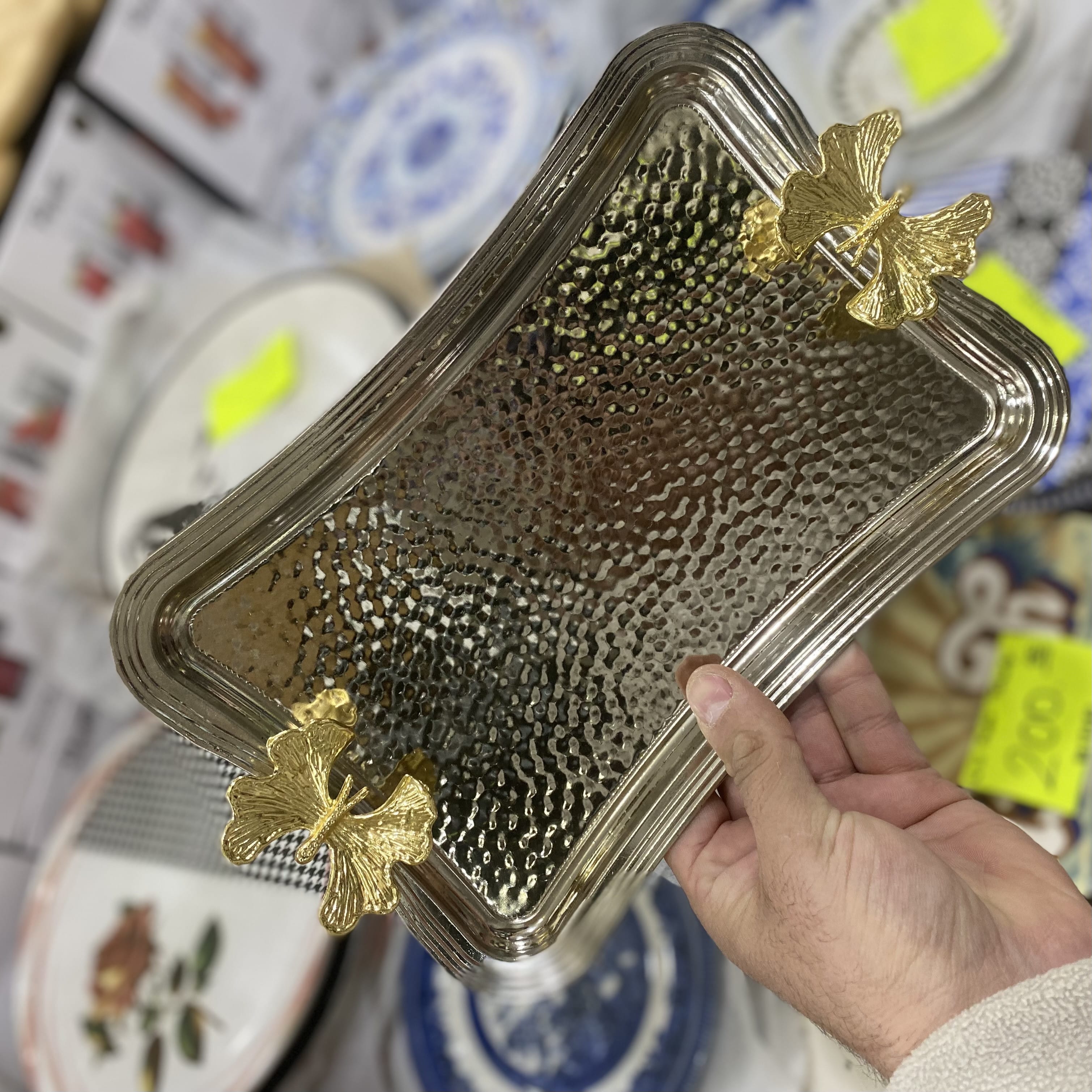 Gümüş Kelebekli Dikdörtgen Çelik Tepsi