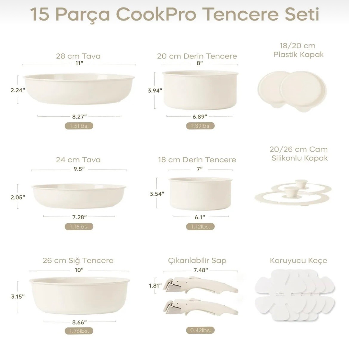 Cookpro Beige 15 Parça Ayrilabilen Sapli Iç Içe Geçebilen Indüksiyonlu Seramik Kaplama