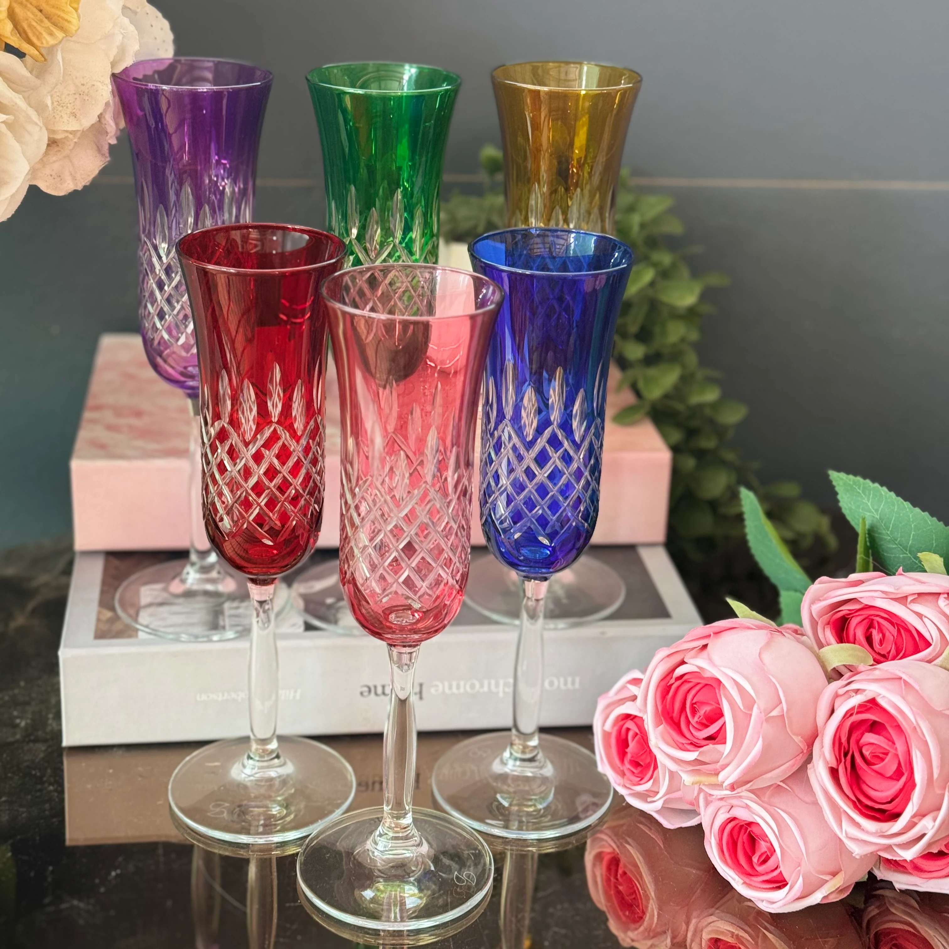 kristal renkli ayaklı kadeh 