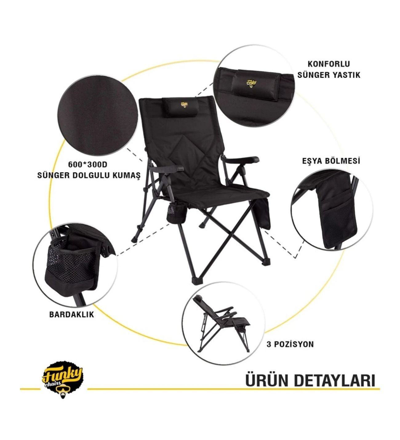 Comfort 3 Kademeli Katlanabilir Kamp Sandalyesi-Siyah