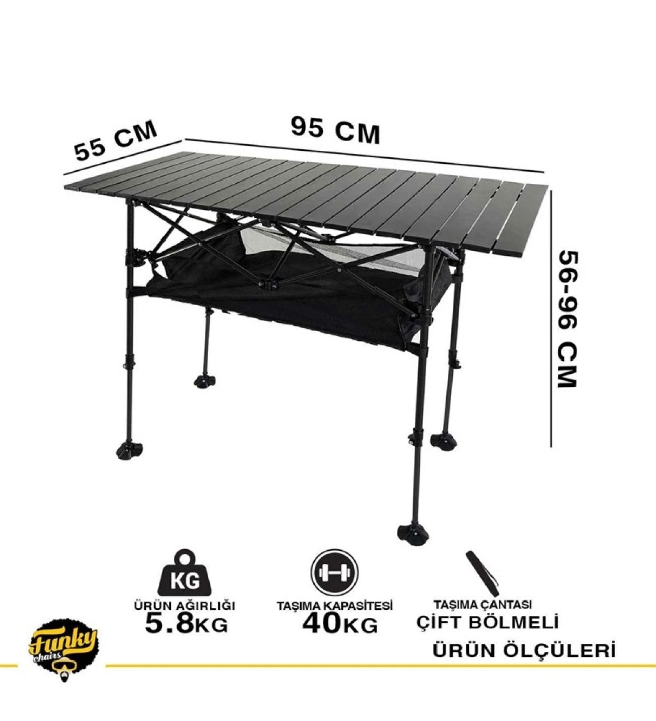 Caravan Class Katlanabilir Teleskopik Ayaklı Alüminyum Kamp Masası (95x5568x-96cm) Siyah