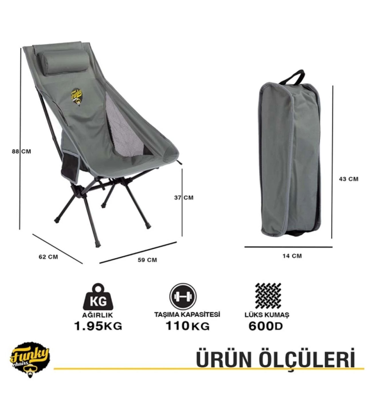 Funky Chairs Sky Ultralight Katlanabilir Kamp Sandalyesi - Gri Renk