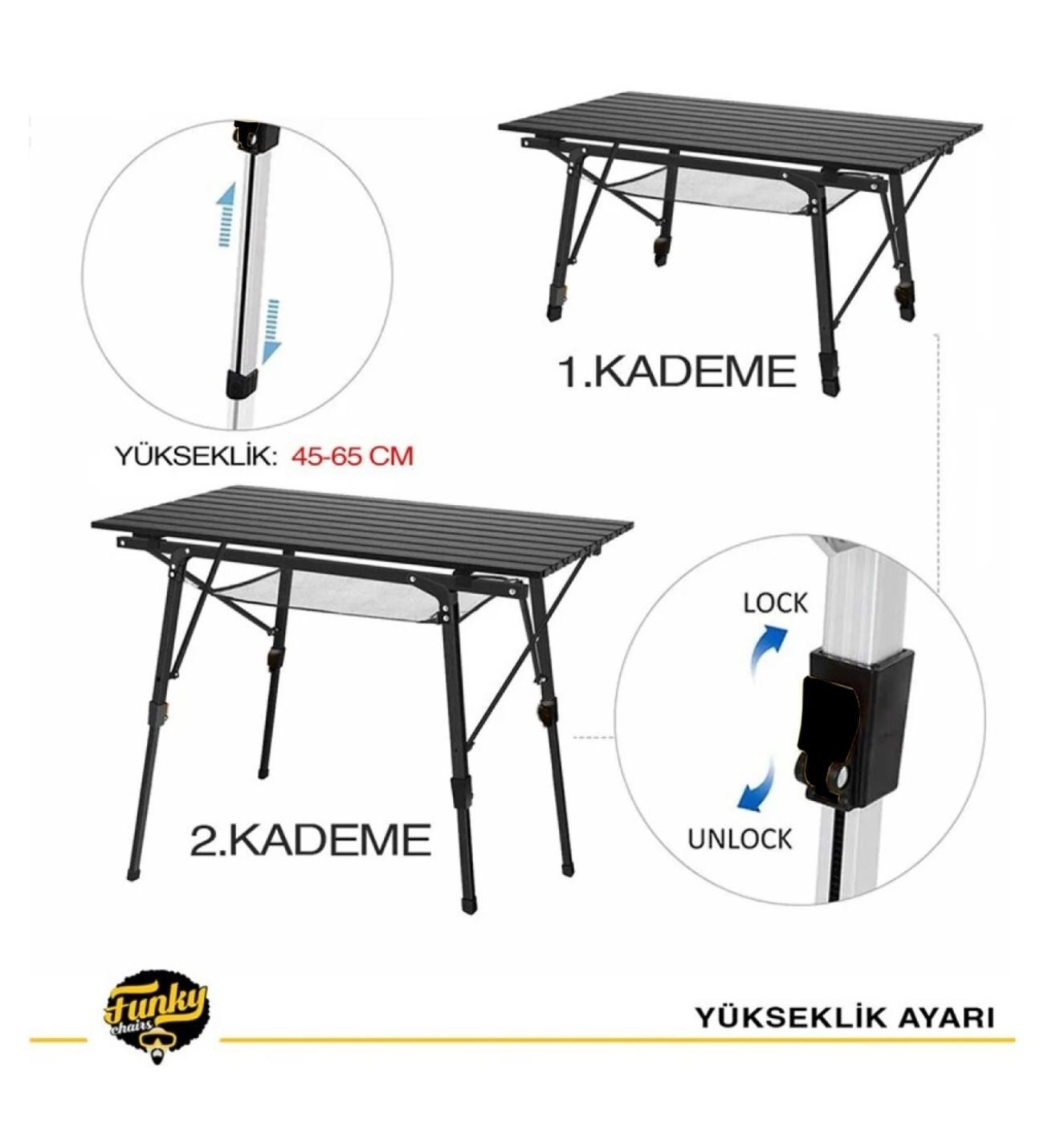 Elite Alüminyum Teleskopik Ayaklı Kamp Piknik Masası-Siyah
