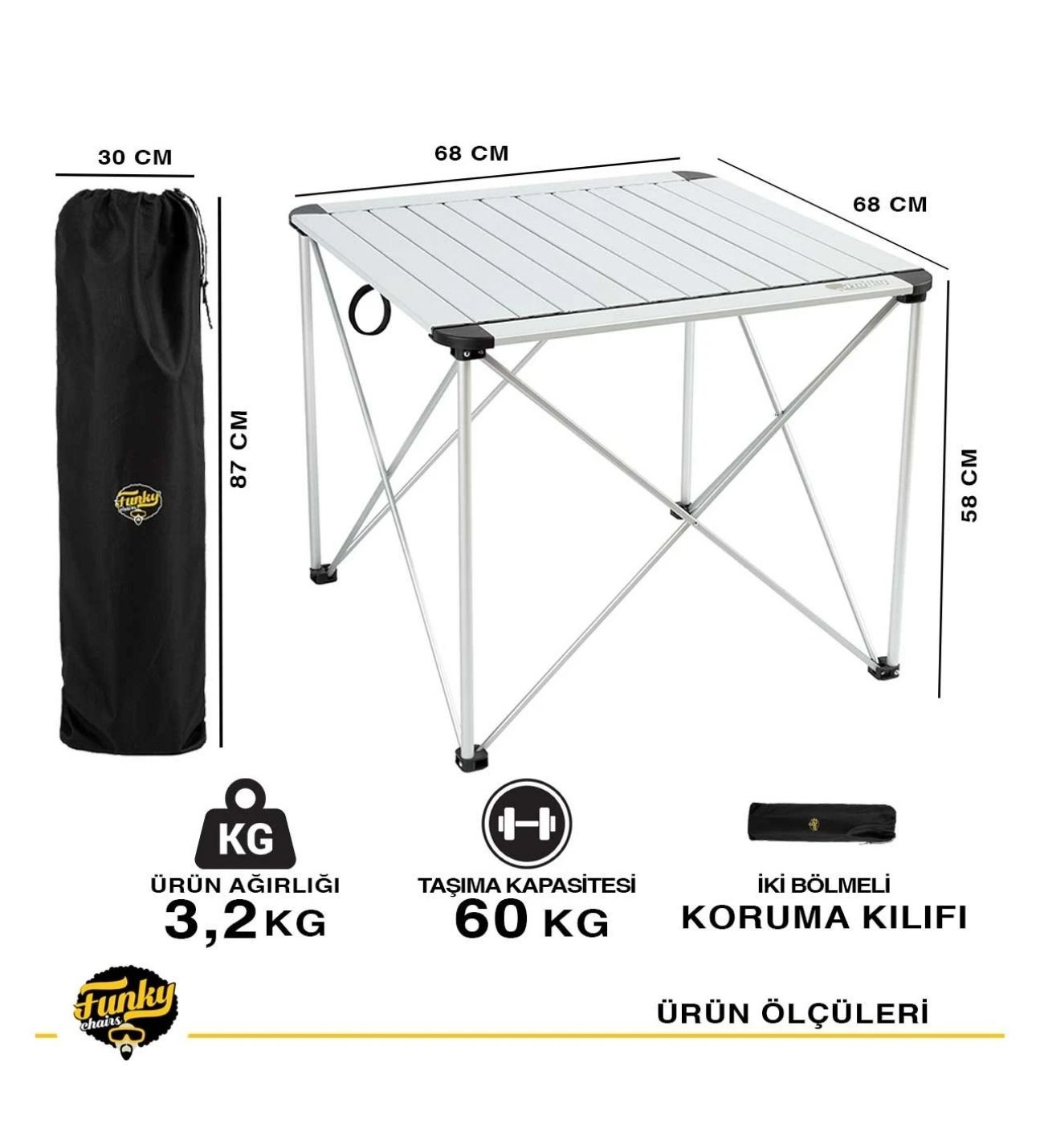 Titanium Katlanabilir Çantalı Alüminyum Kamp Ve Piknik Masası 68x68x58