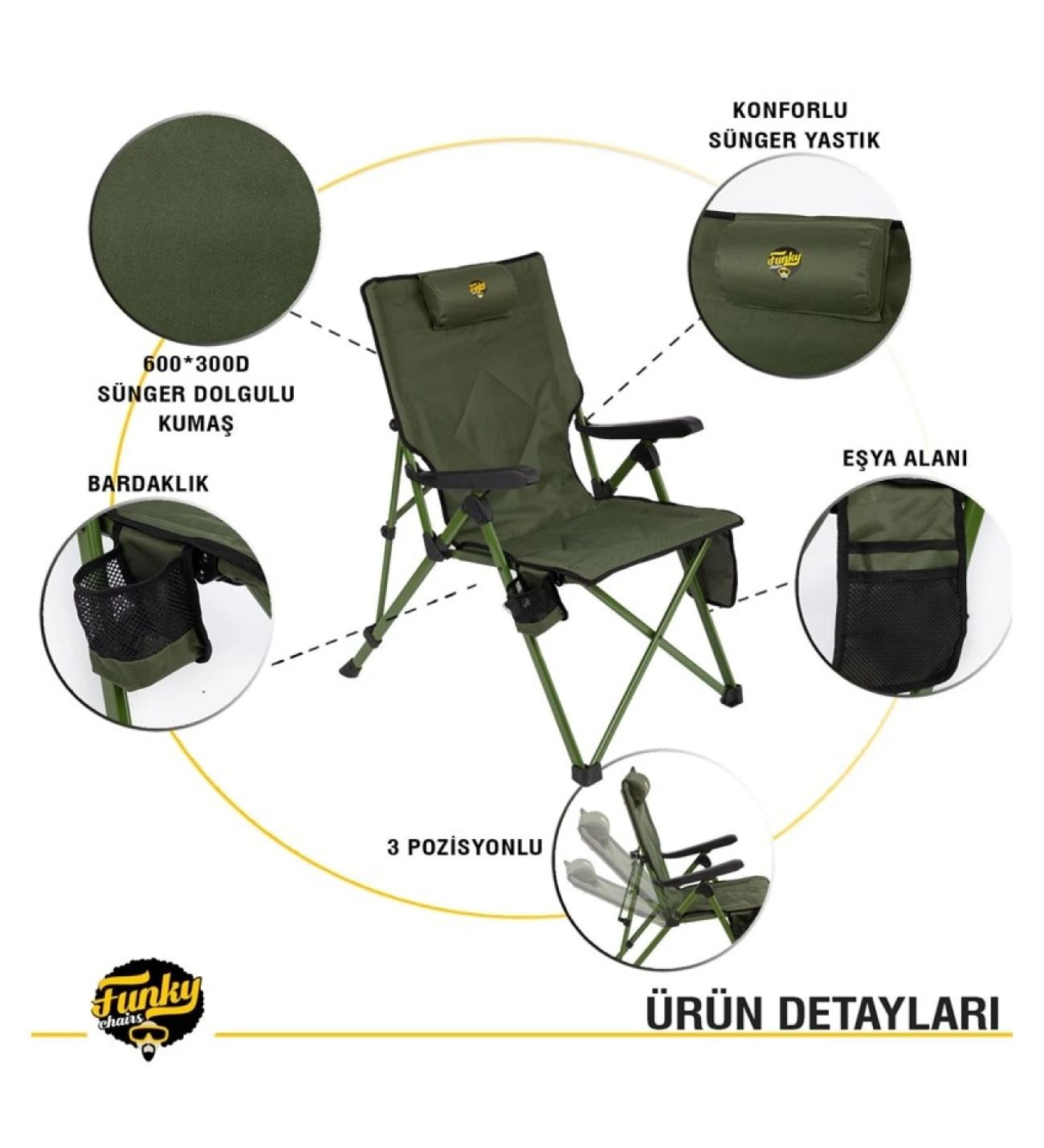 Comfort 3 Kademeli Katlanabilir Kamp Sandalyesi-Haki