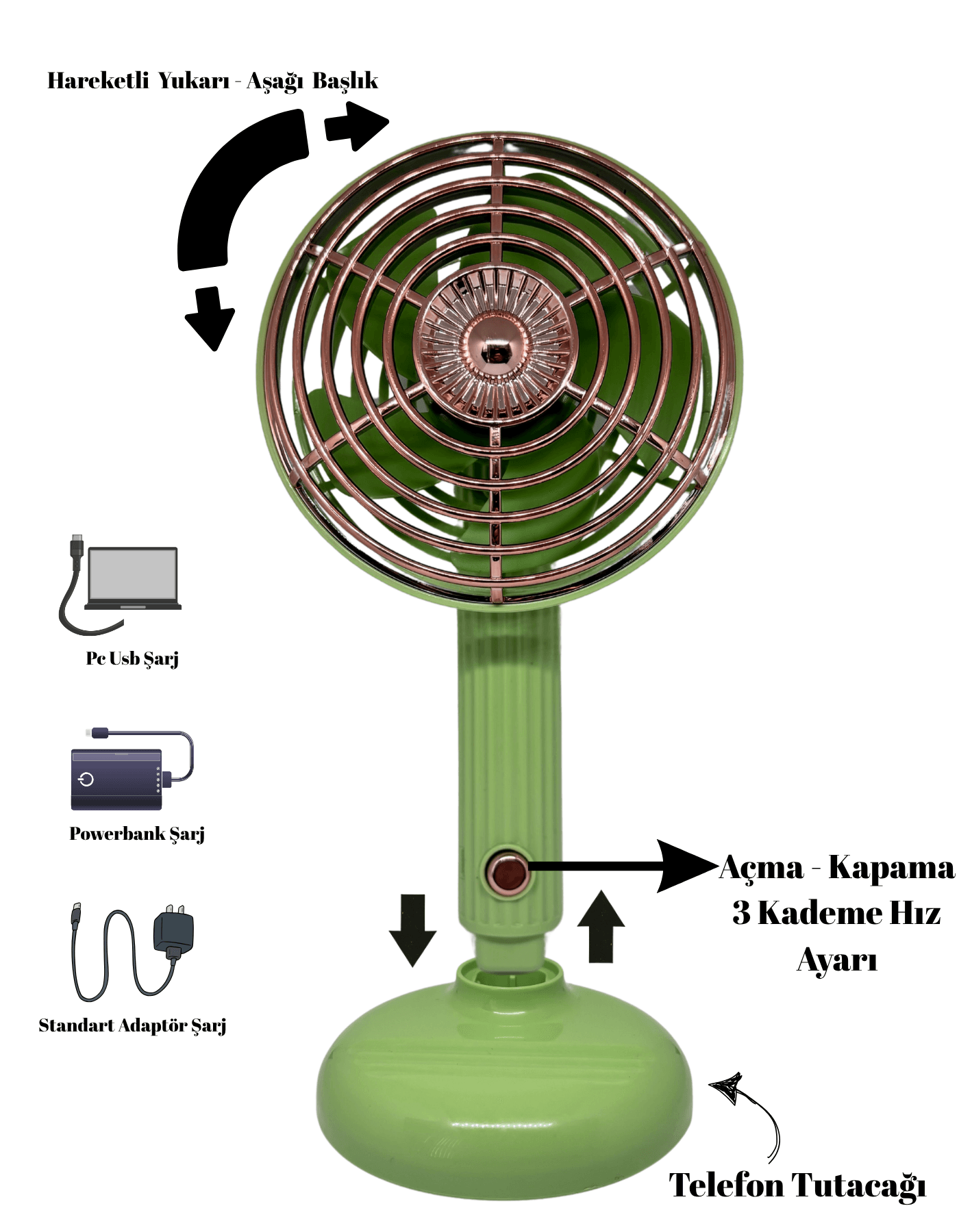FY060 Taşınabilir Masaüstü ve El Yeşil Usb Fan