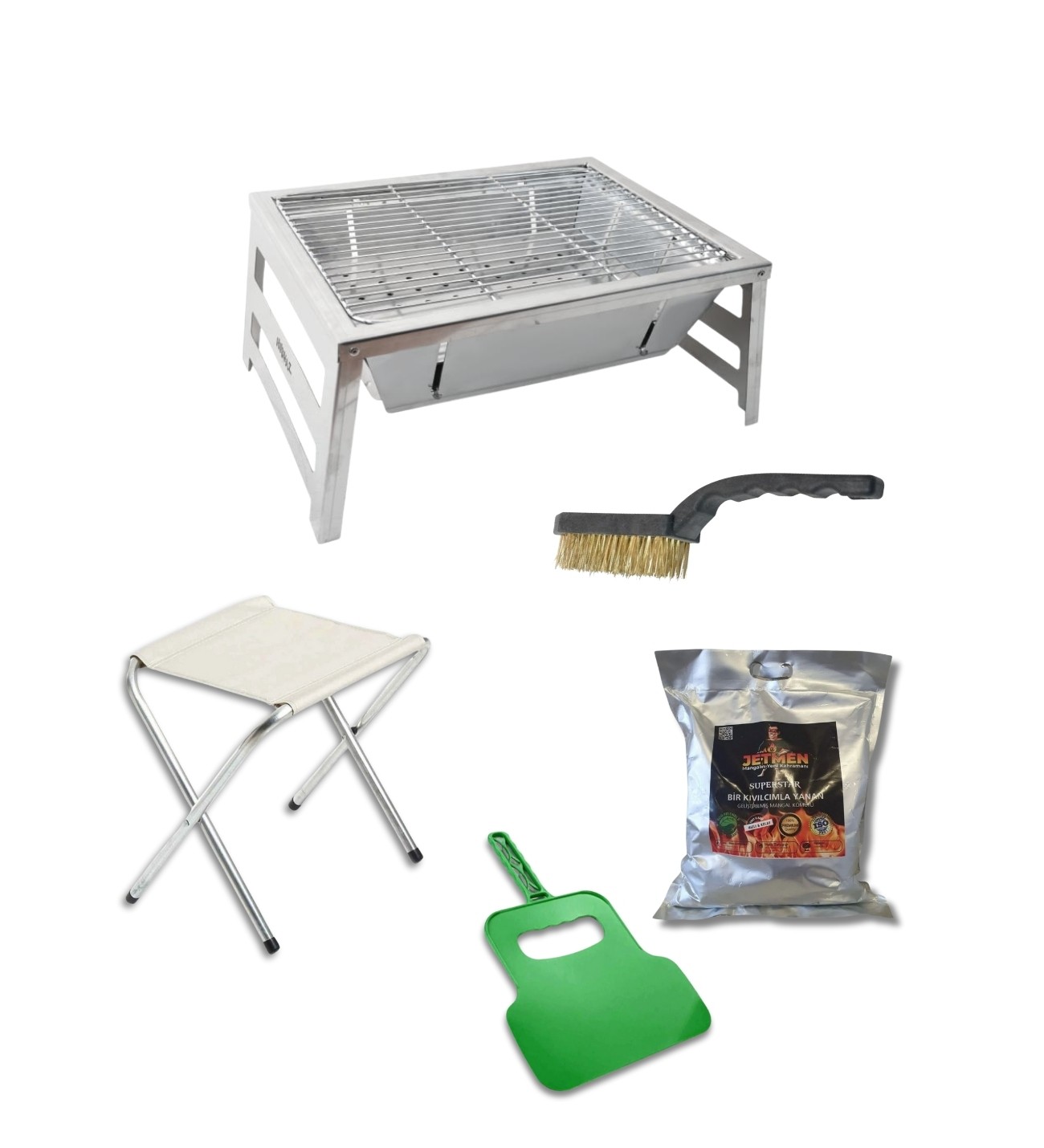 Ayaklı Katlanır Mangal+Tabure+Fırça+Kömür+Yelpaze Mangal Seti