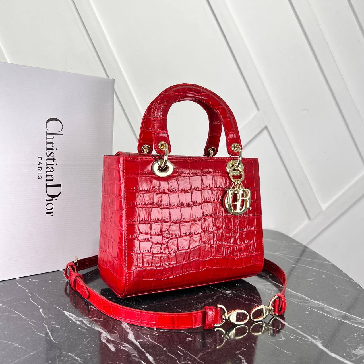 Picture of Crocodile Medium Lady Dior Bag  - Red