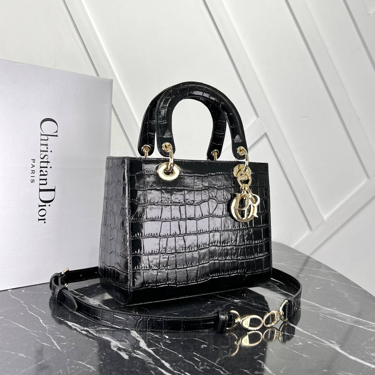 Picture of Crocodile Medium Lady Dior Bag  - Black