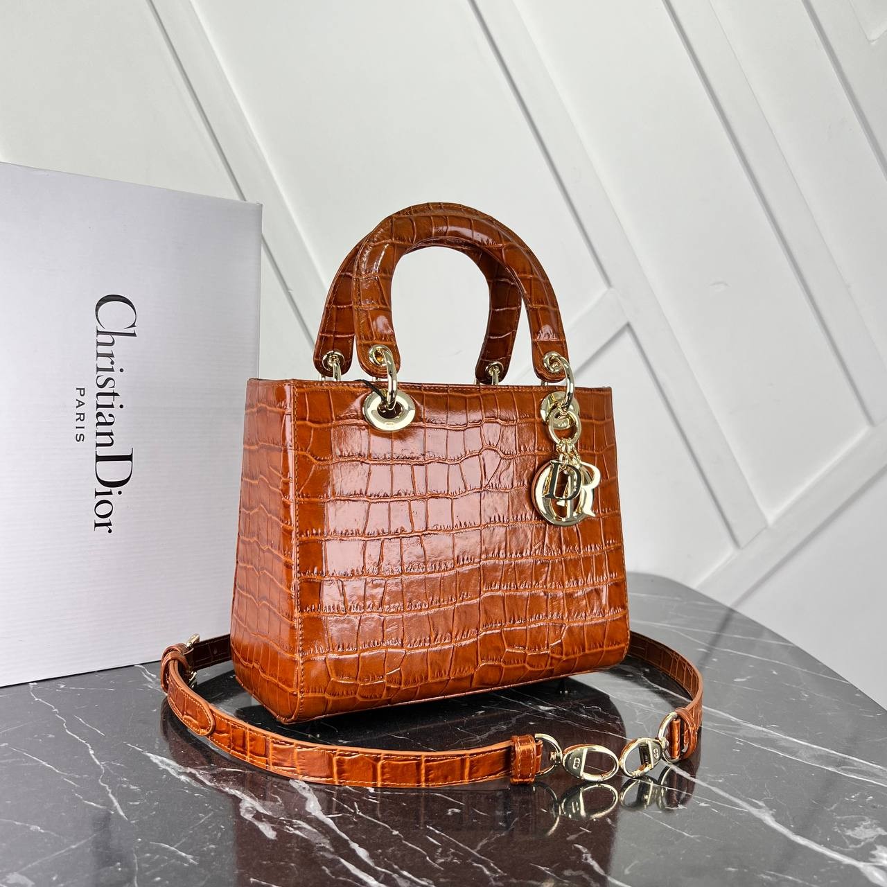 Picture of Crocodile Medium Lady Dior Bag  - Brown