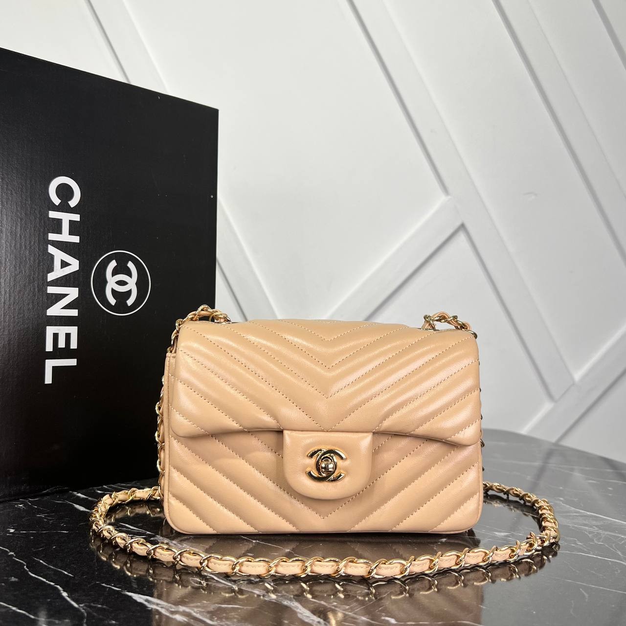 Picture of 1.55 Chevron Mini Flap Bag - Beige