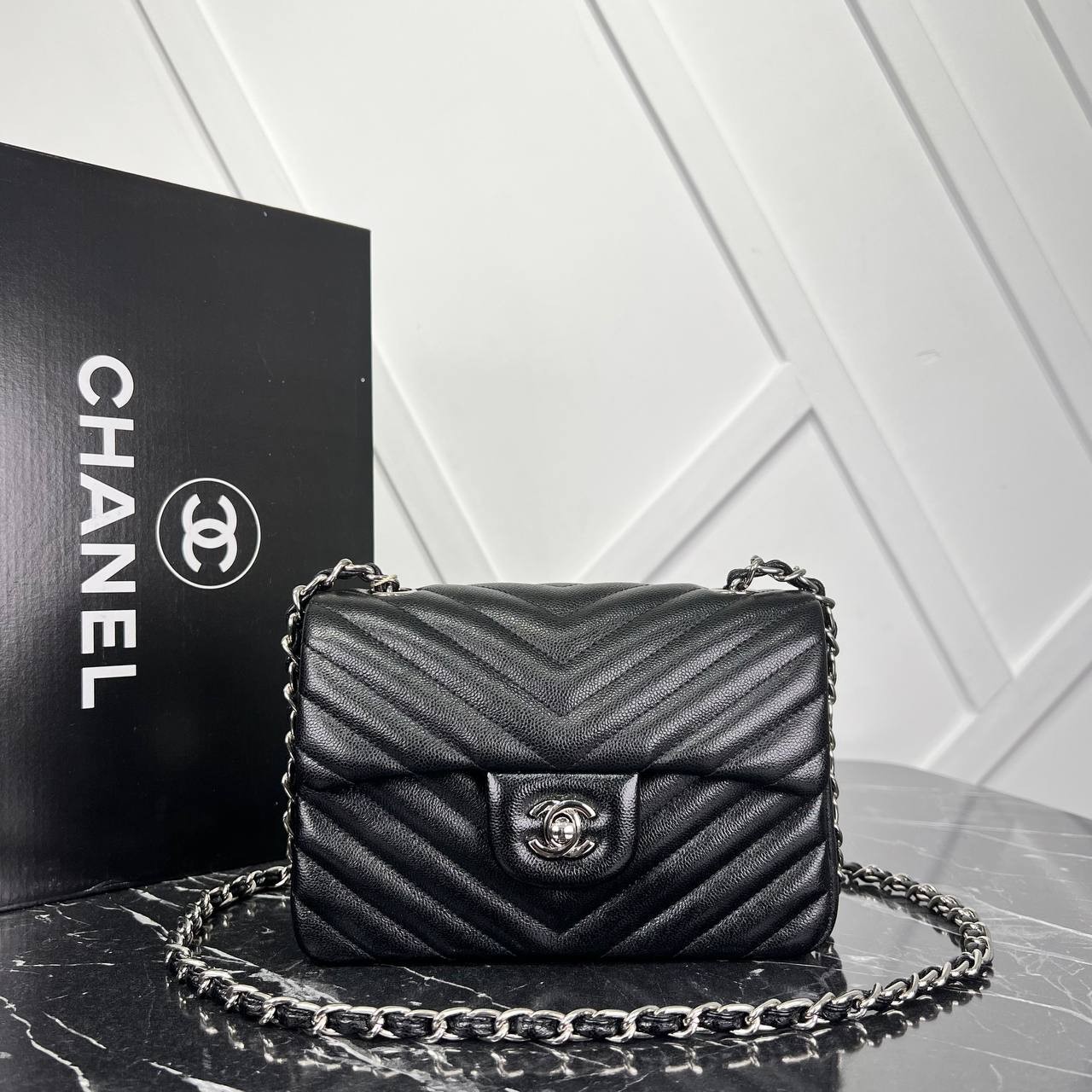 Picture of 1.55 Chevron Mini Flap Bag - Caviar Leather - Silver Hardware