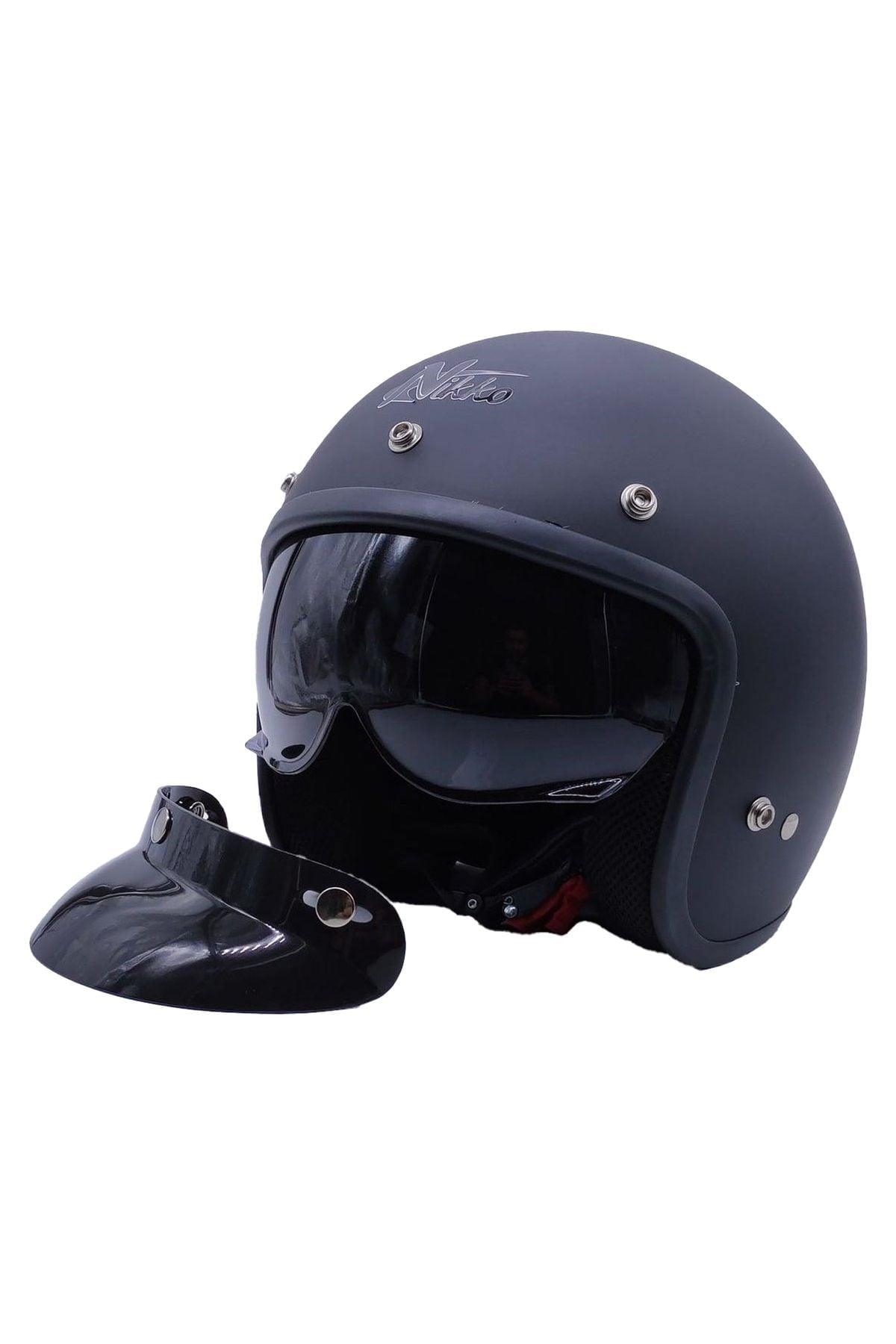 Nikko N313 Yarım Chopper Kask Güneş Gözlüklü Mat Siyah , Siyah
