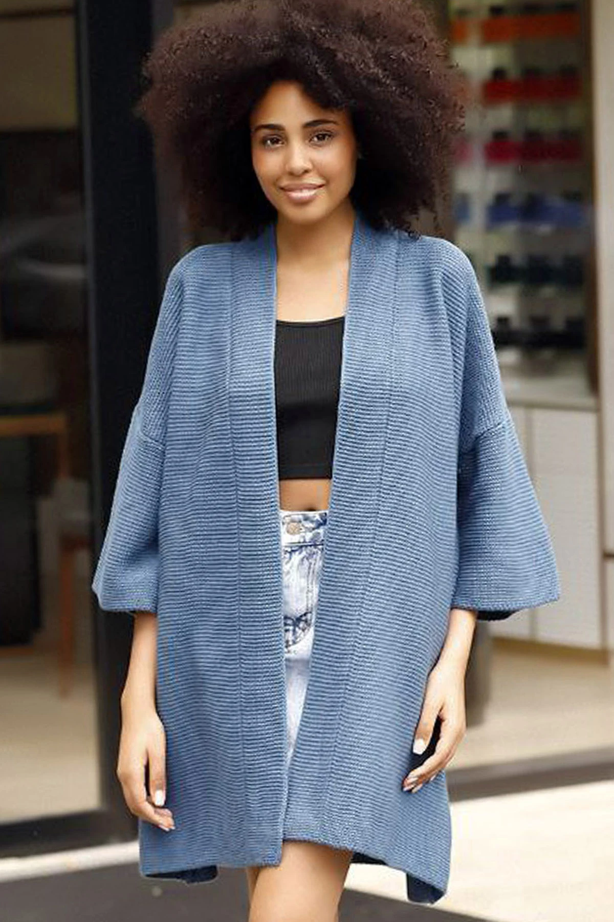 Katlamalı Şal Yaka Geniş Kısa Yarım Kol Uzun Cepsiz Rahat Bol Kesim Mevsimlik Diz Üstü Triko Hırka - Mavi