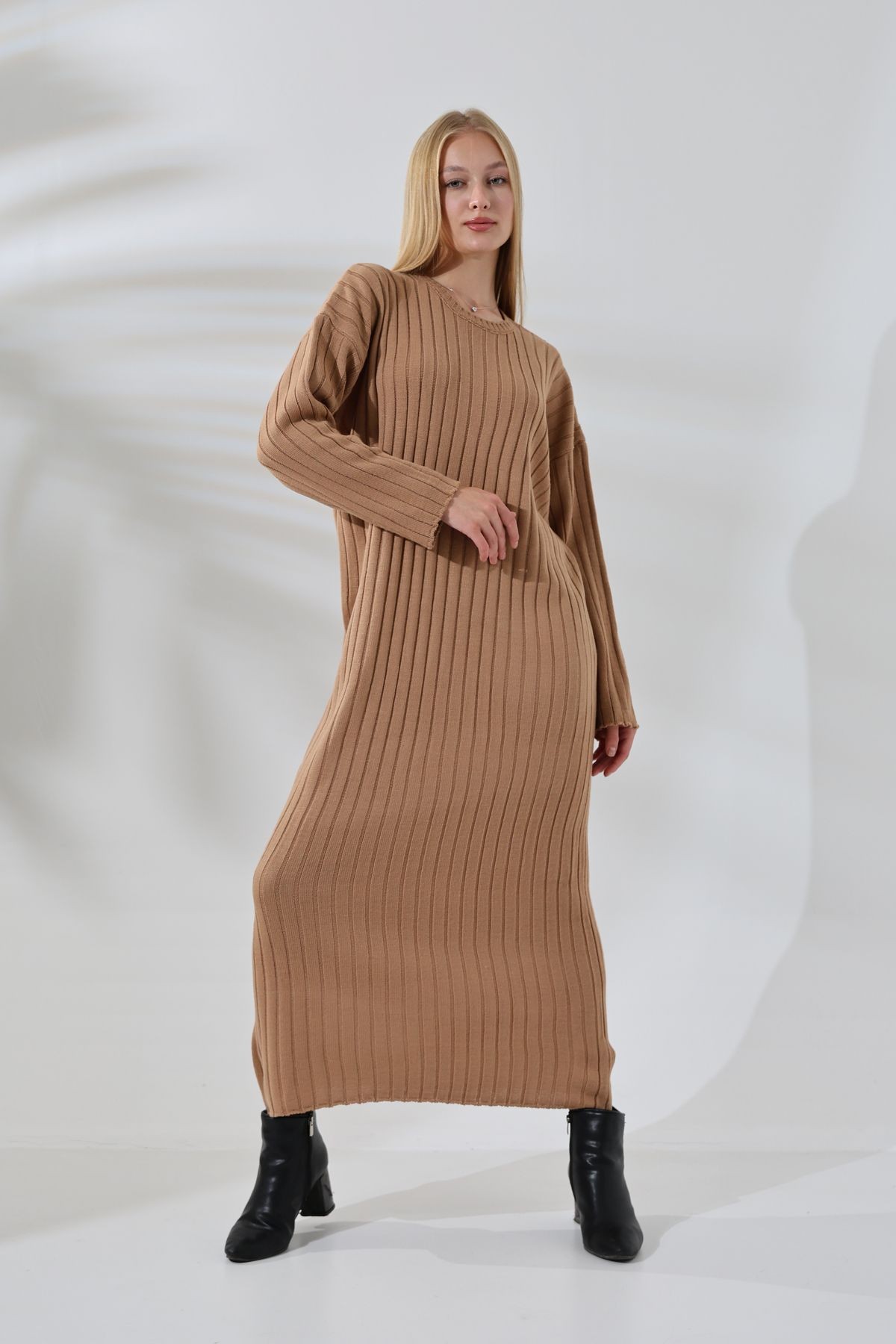 Fitilli Uzun Kol Battal Oversize Bilek Boy Basic Mevsimlik Triko Elbise