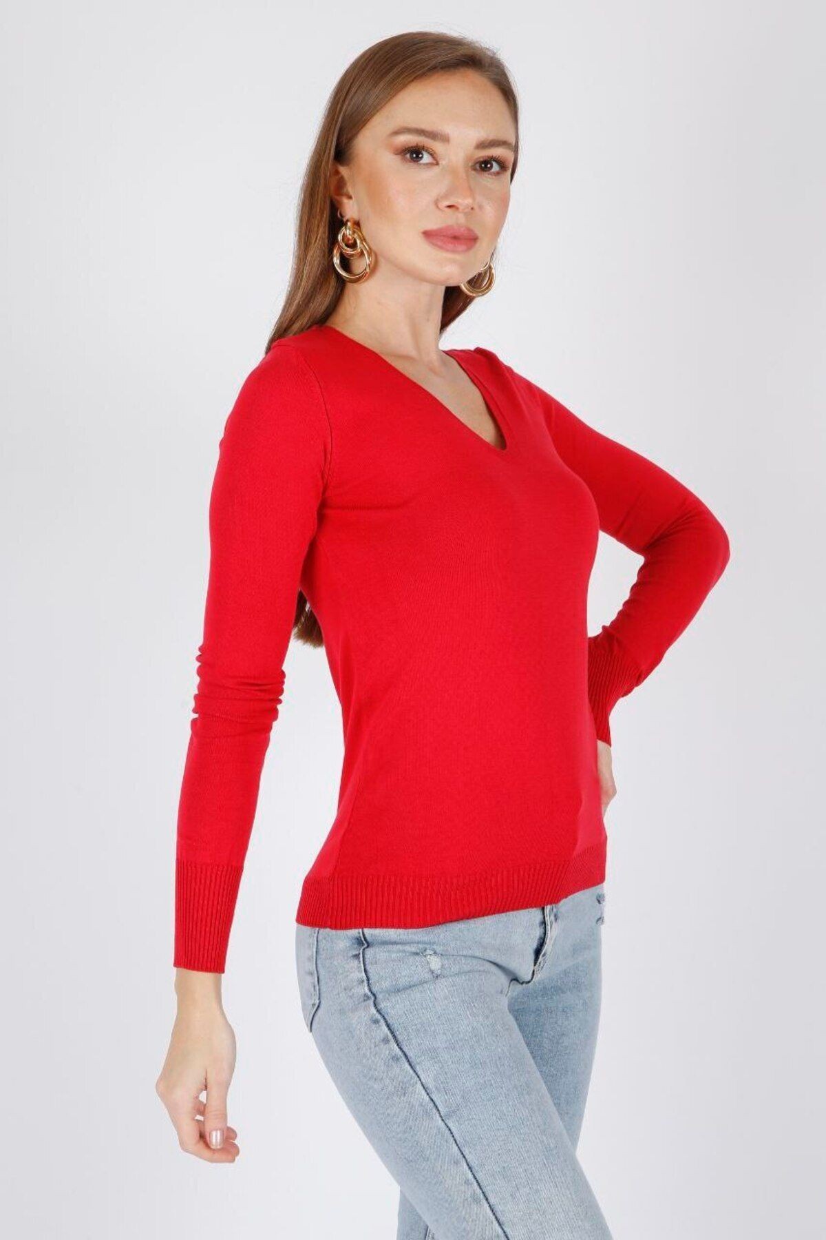 V Yaka Uzun Kollu Düz Renk Fit Kesim Yazlık Triko Bluz