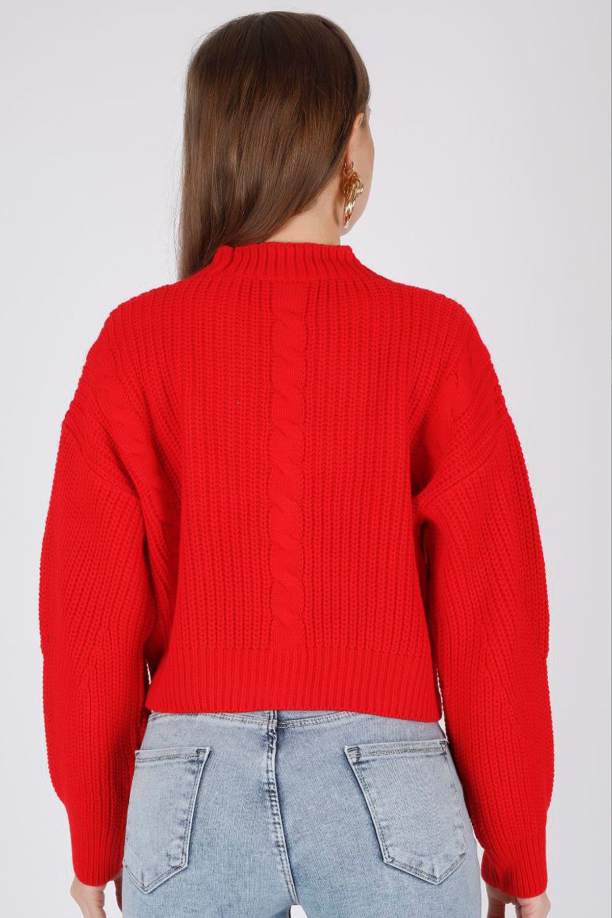V Yaka Uzun Kollu Selanik Saç Örgülü Üç Düğmeli Mini Boy Crop Mevsimlik Şık Triko Hırka