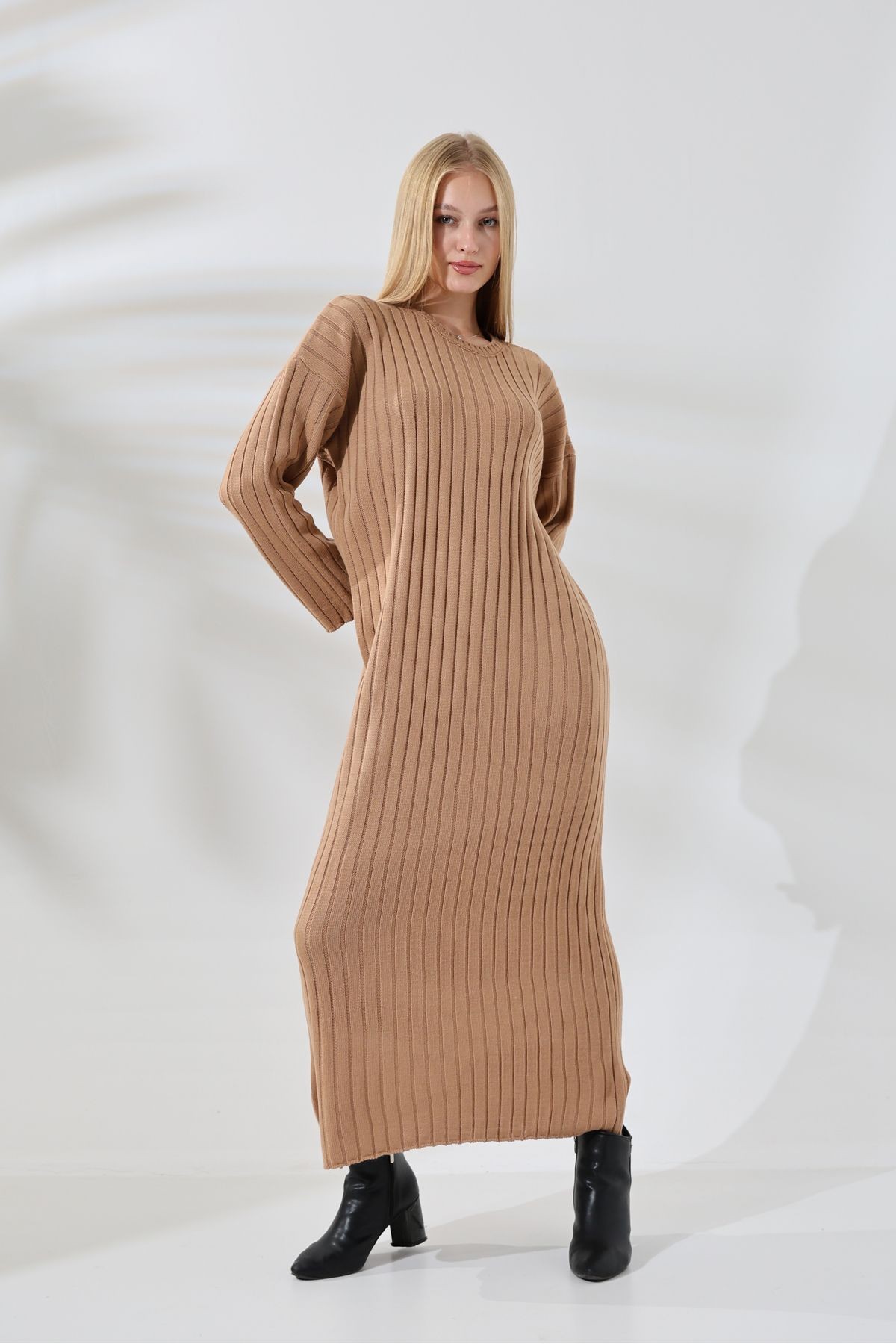 Fitilli Uzun Kol Battal Oversize Bilek Boy Basic Mevsimlik Triko Elbise