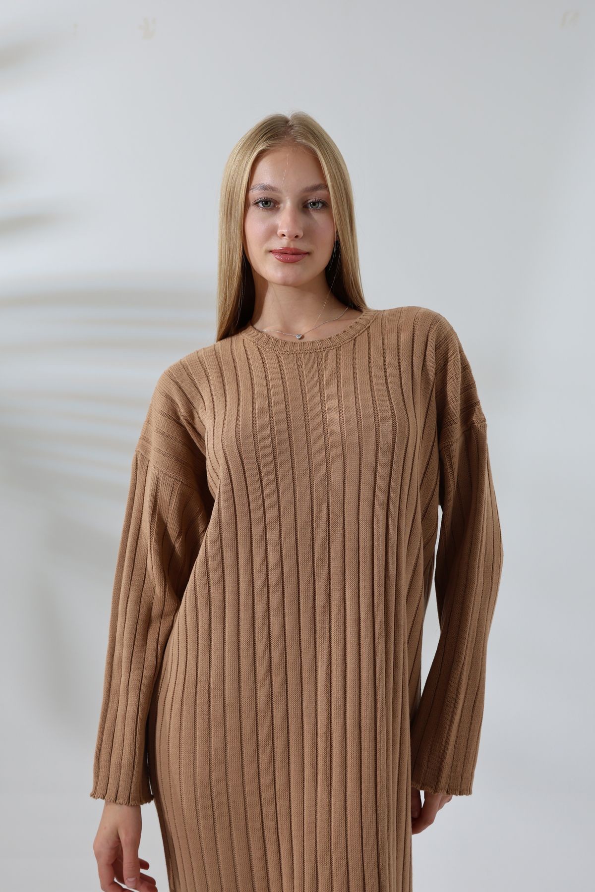 Fitilli Uzun Kol Battal Oversize Bilek Boy Basic Mevsimlik Triko Elbise