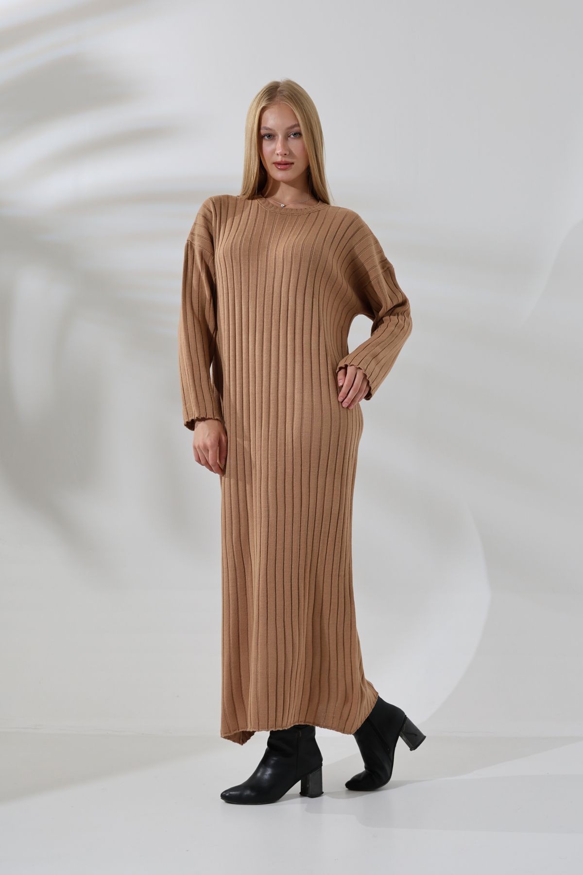 Fitilli Uzun Kol Battal Oversize Bilek Boy Basic Mevsimlik Triko Elbise